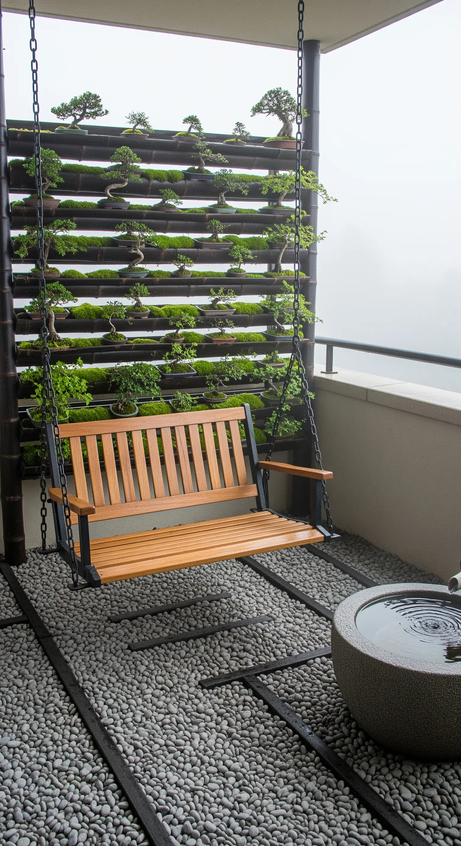 Panca sospesa in legno di fronte a una parete espositiva di bonsai, su un pavimento di ciottoli.