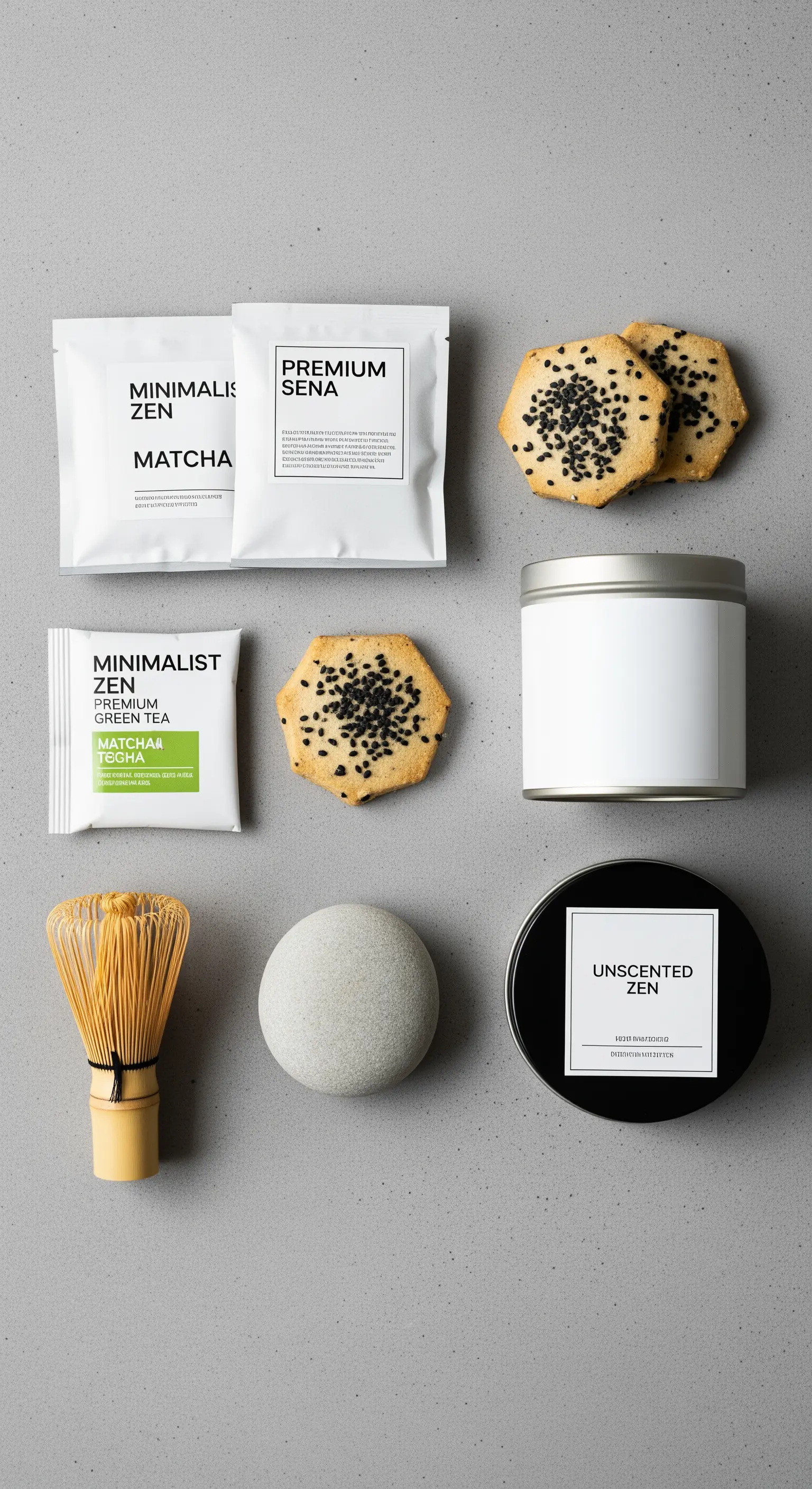 Kit minimalista con tè matcha, biscotti al sesamo e accessori per la cerimonia.