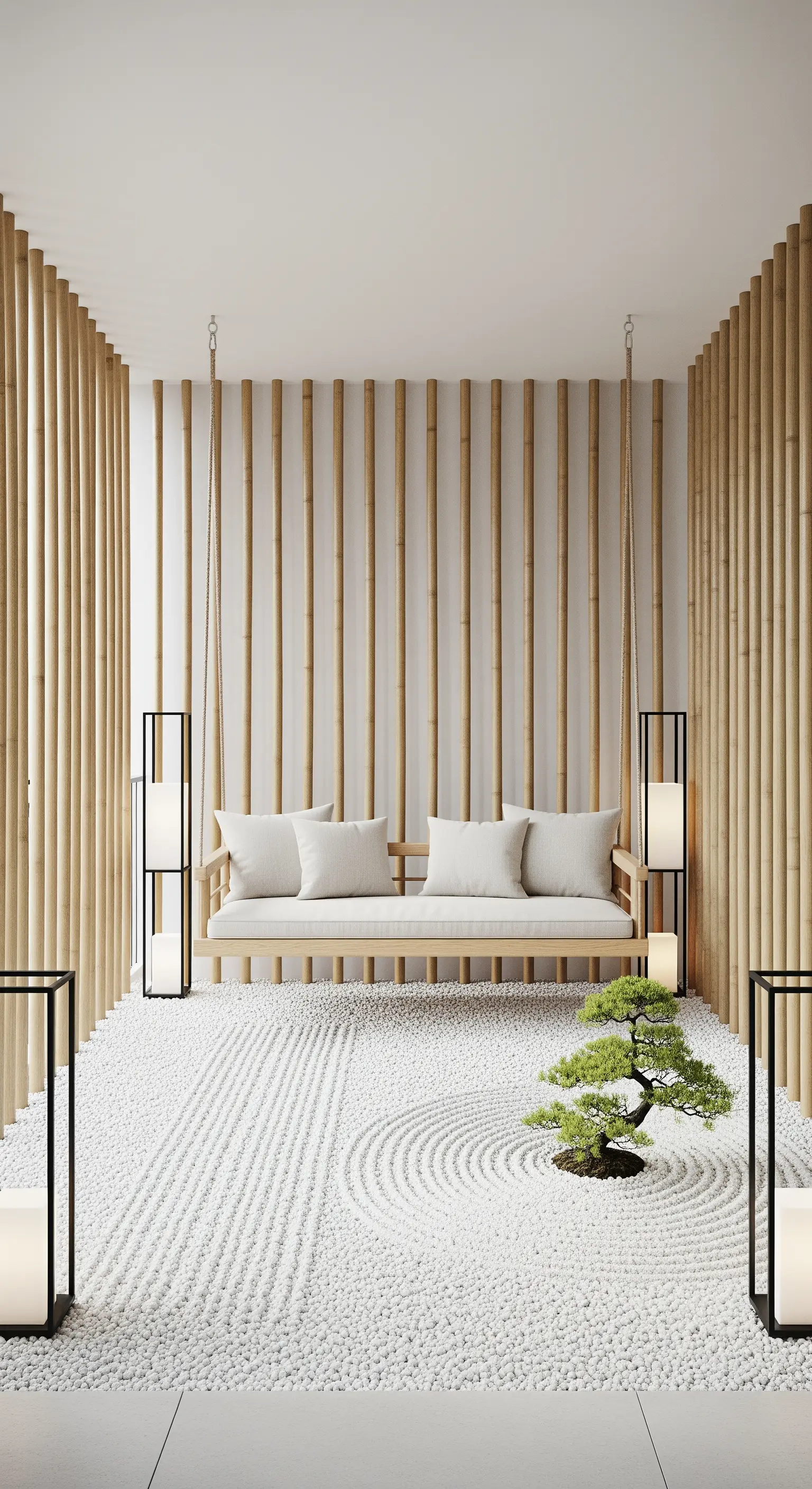 Dondolo in legno sospeso sopra un pavimento di ciottoli bianchi in stile zen.
