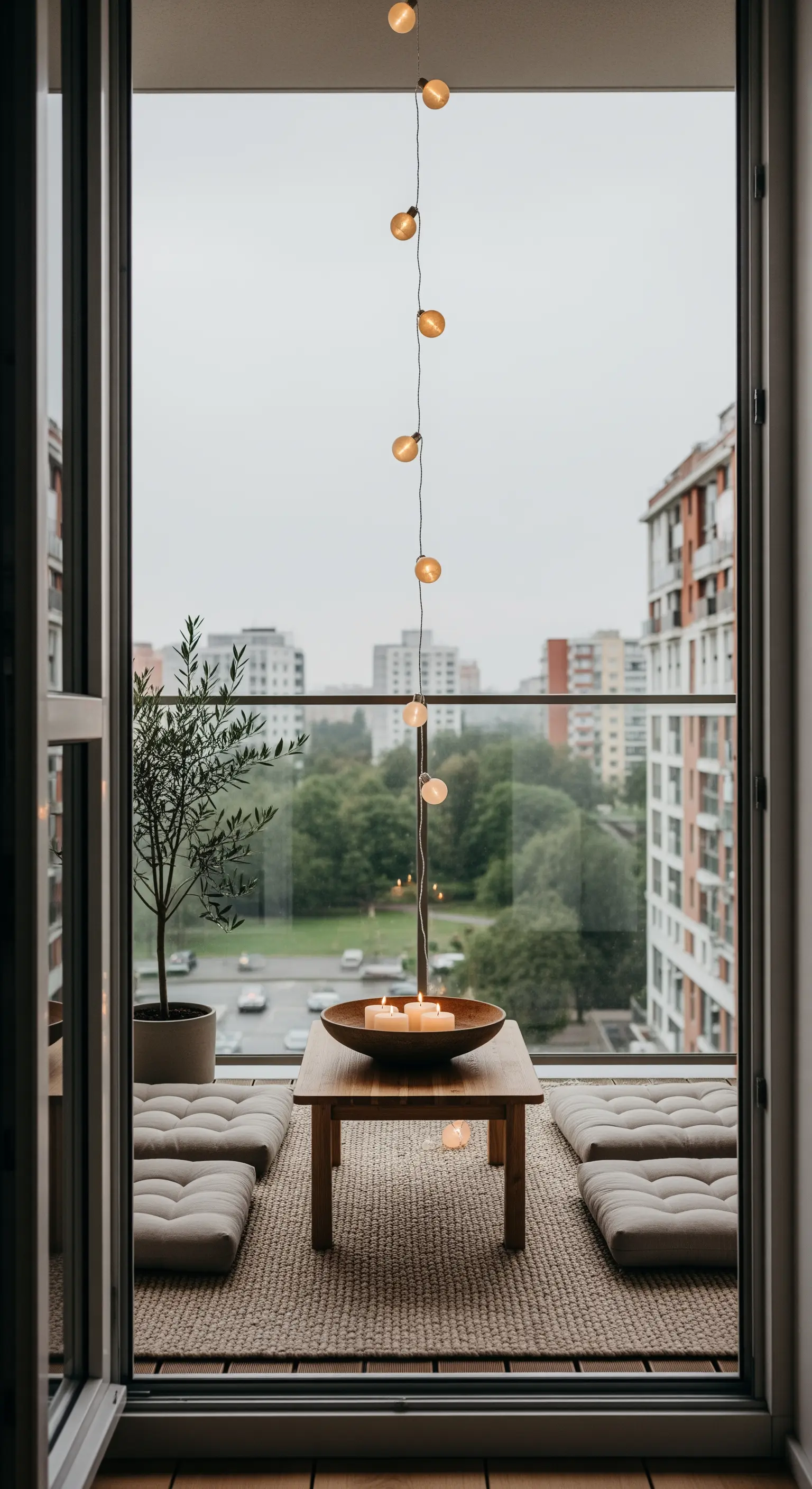 Balcone minimalista con cuscini a terra e un filo di luci che pende verticalmente.