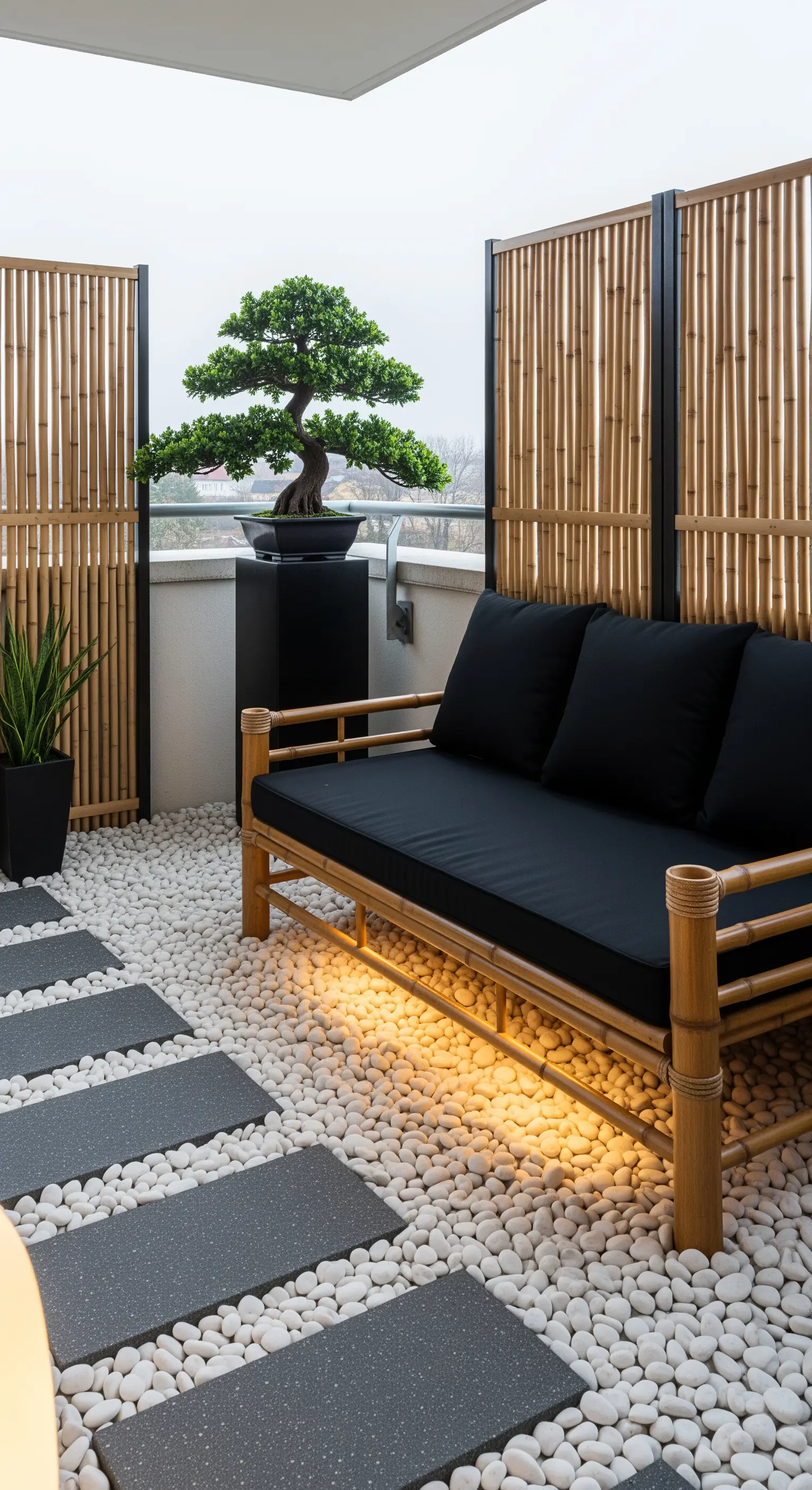 Balcone in stile zen con divano nero, pannelli di bambù, ciottoli bianchi e bonsai artificiale.