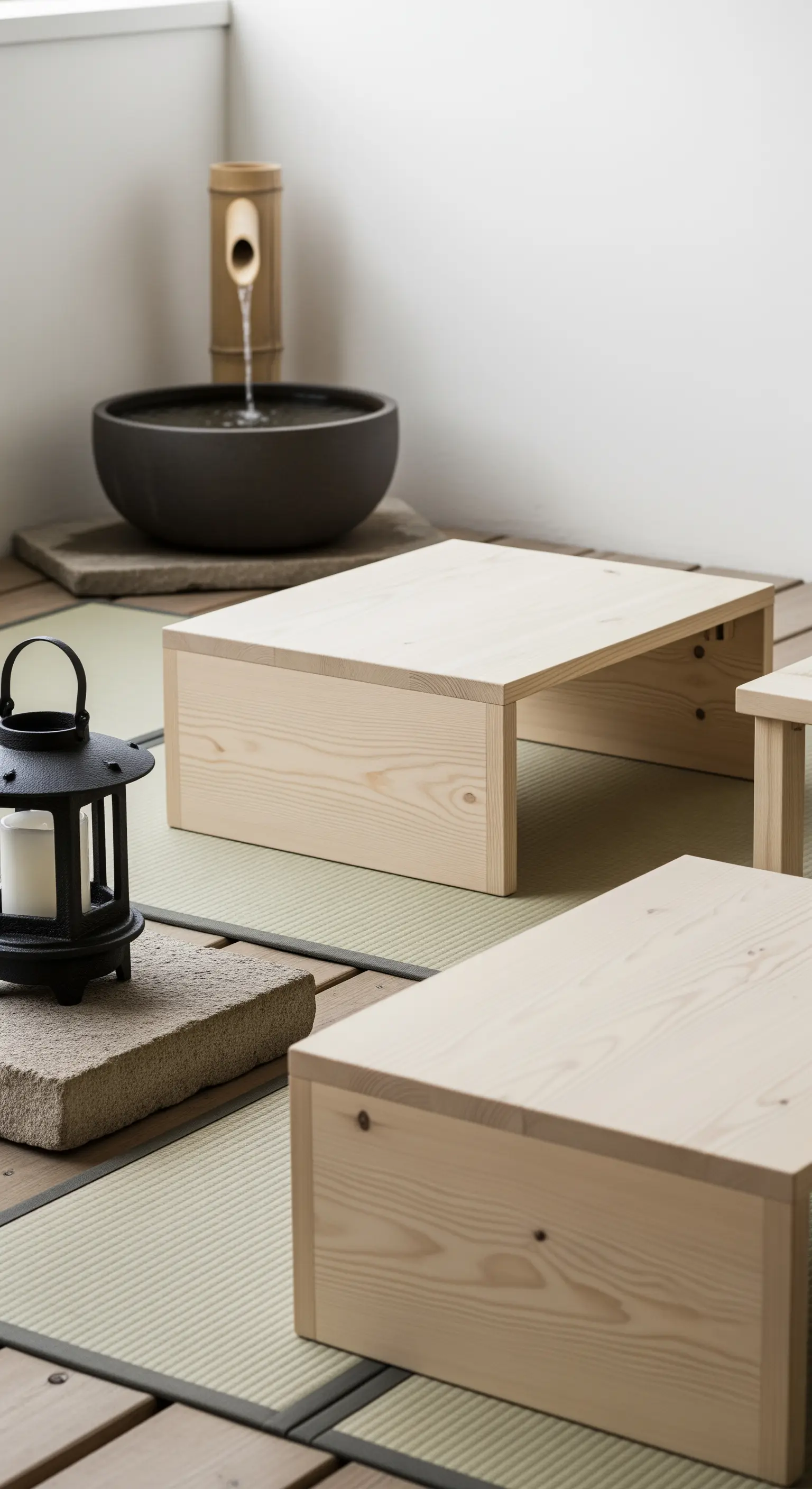 Balcone in stile giapponese con tatami, tavolini bassi, fontana e lanterna.