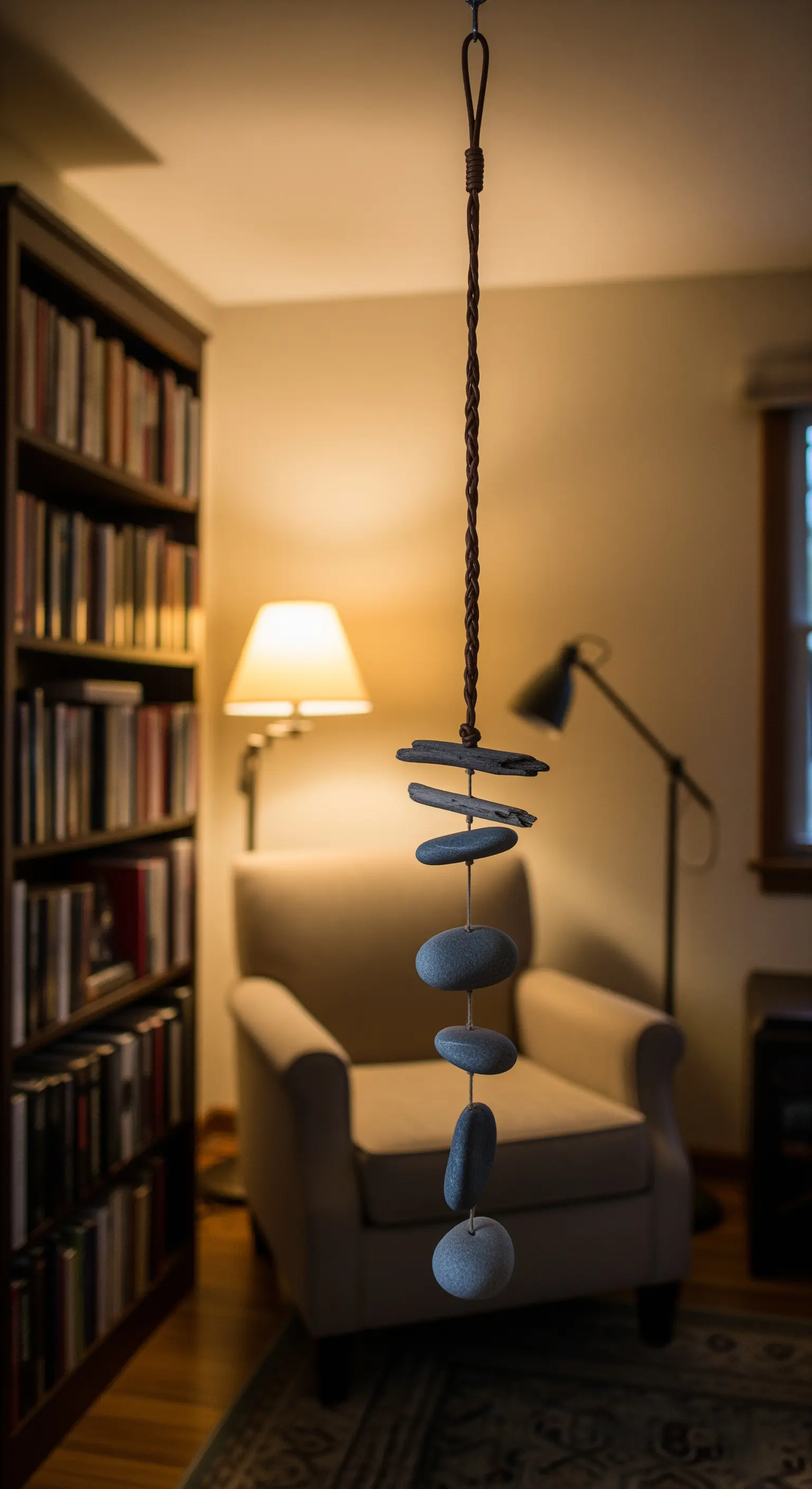 Scultura sospesa realizzata con una pila di sassi di fiume e pezzi di ardesia.