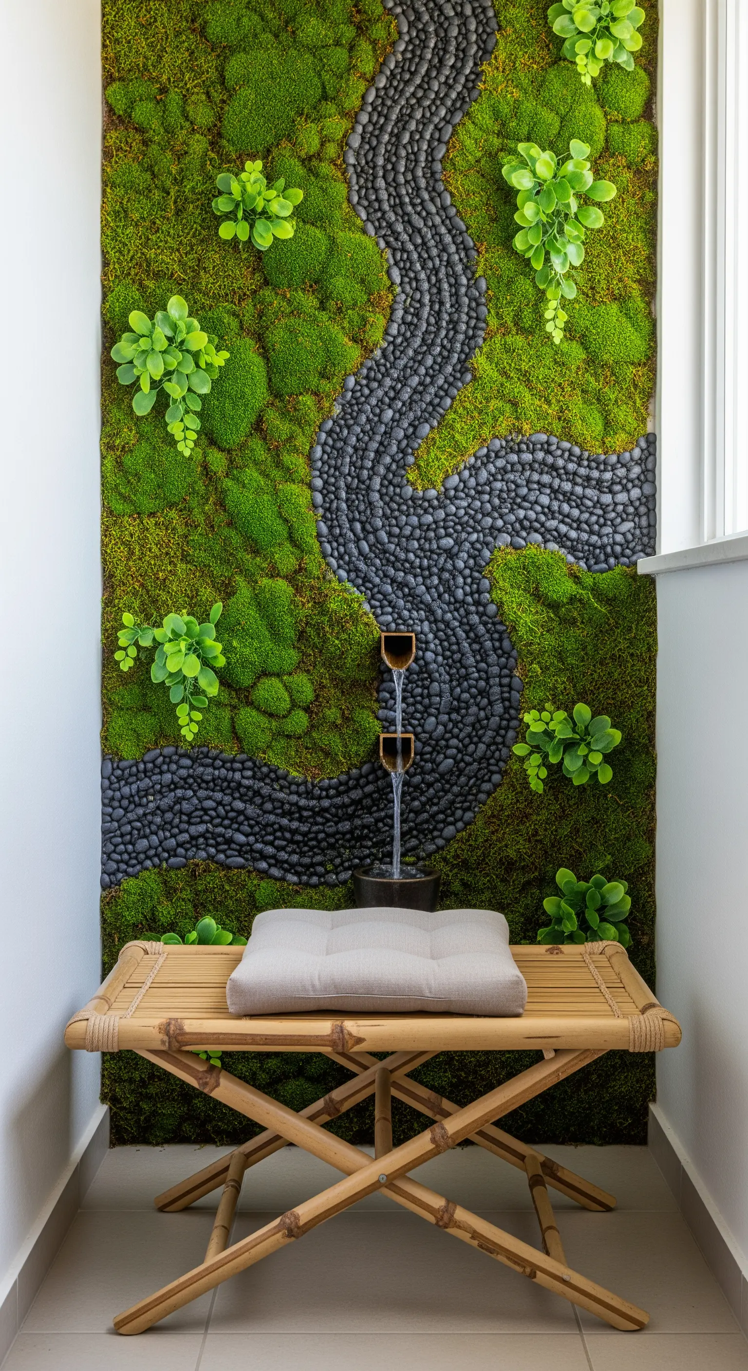 Parete di muschio stabilizzato con un sentiero di sassi e una piccola fontana a ciclo chiuso.