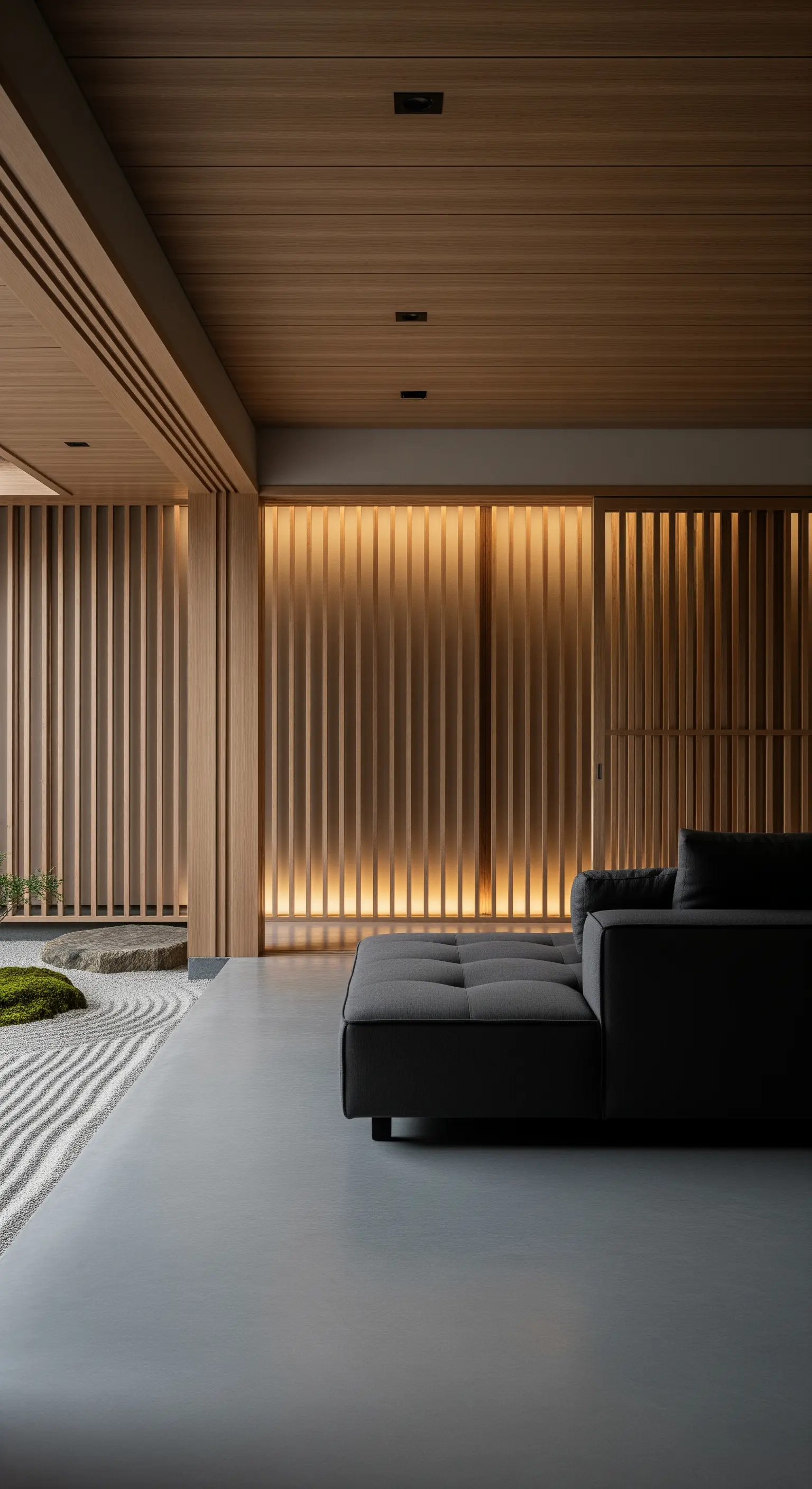 Interno in stile giapponese con divano grigio, pareti in legno e giardino zen