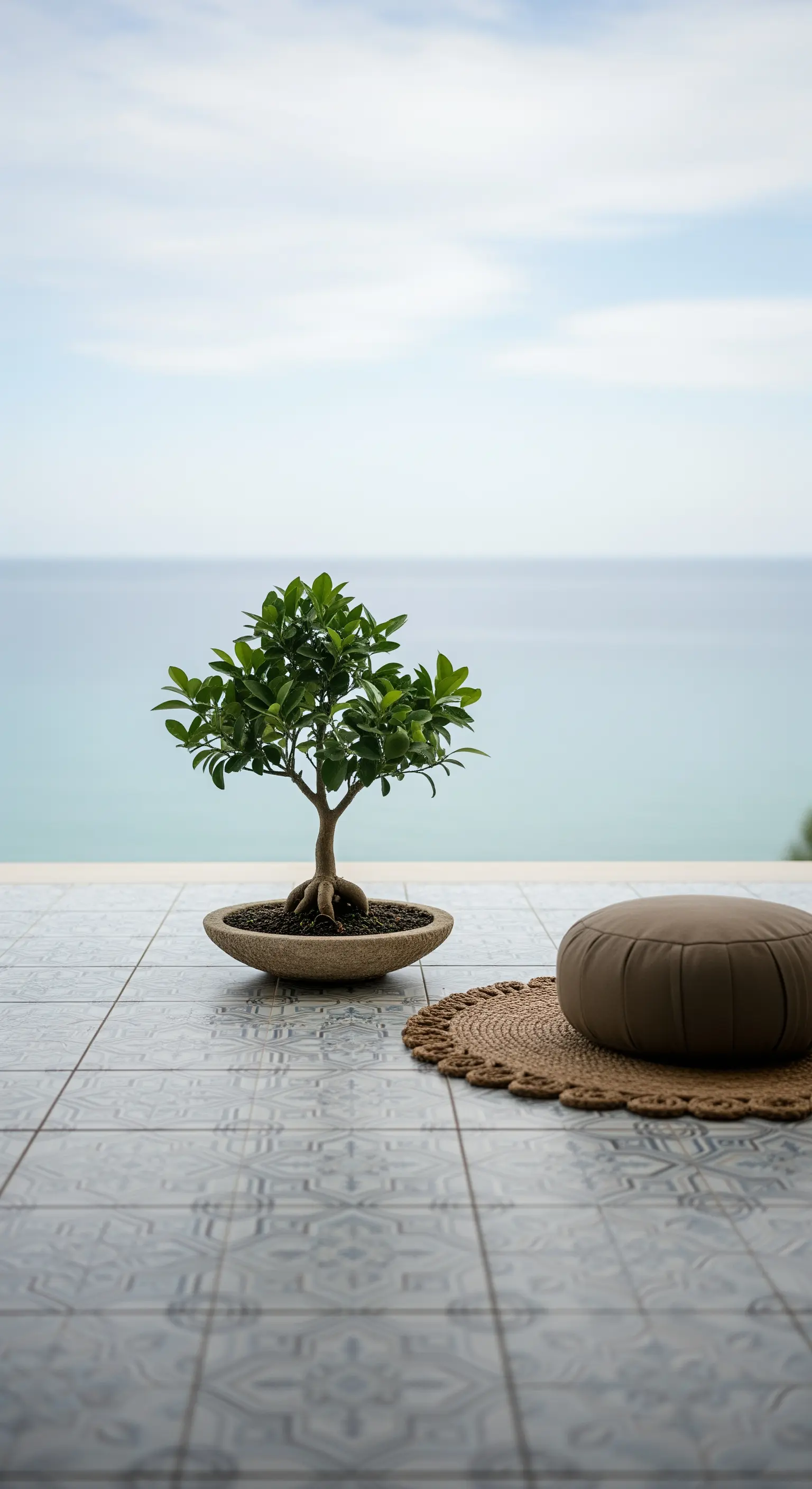 Terrazza minimalista con un agrume stile bonsai e un cuscino da meditazione affacciata sul mare.