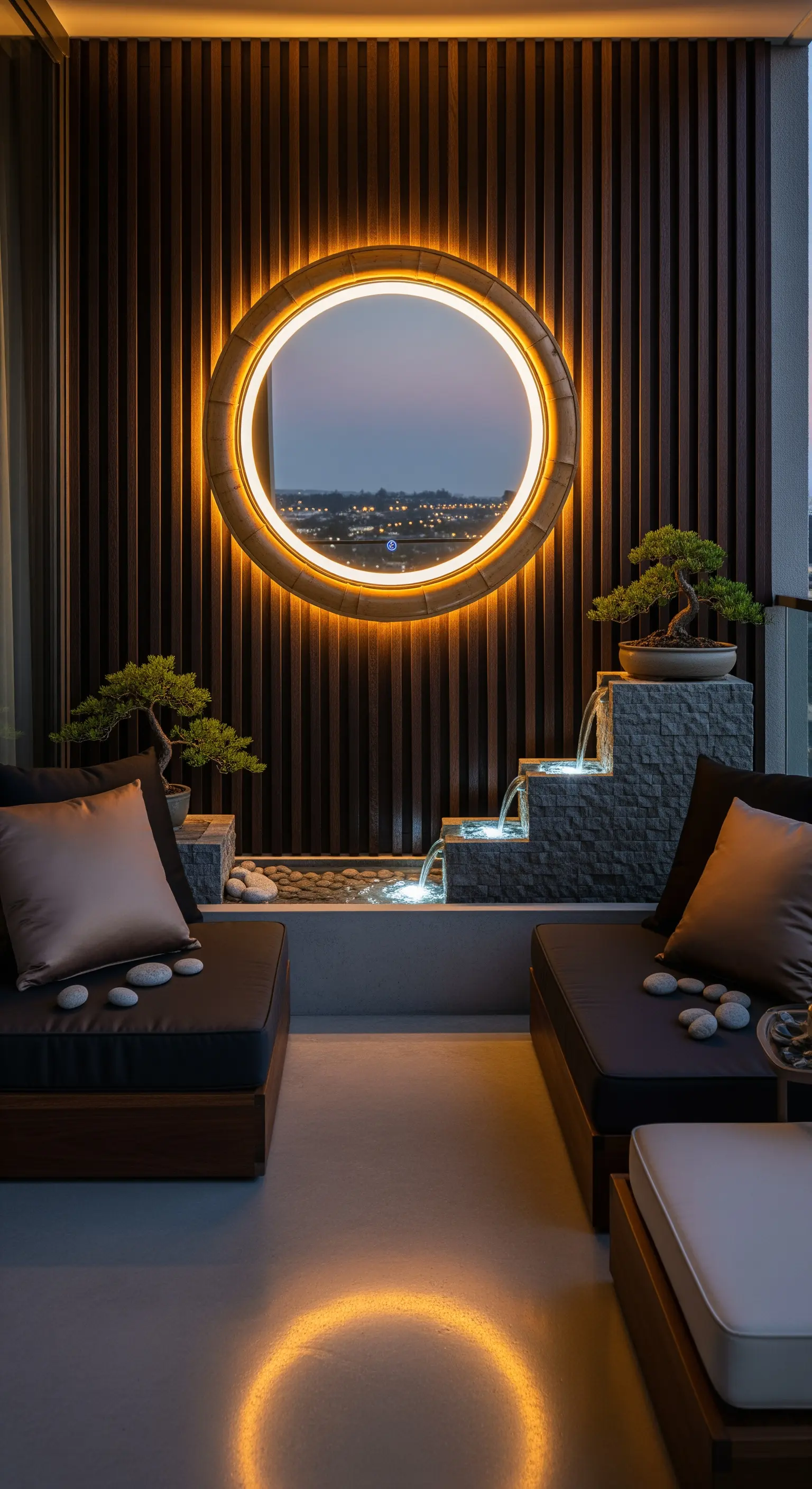 Balcone zen con specchio rotondo retroilluminato, piccola fontana a cascata e due bonsai.