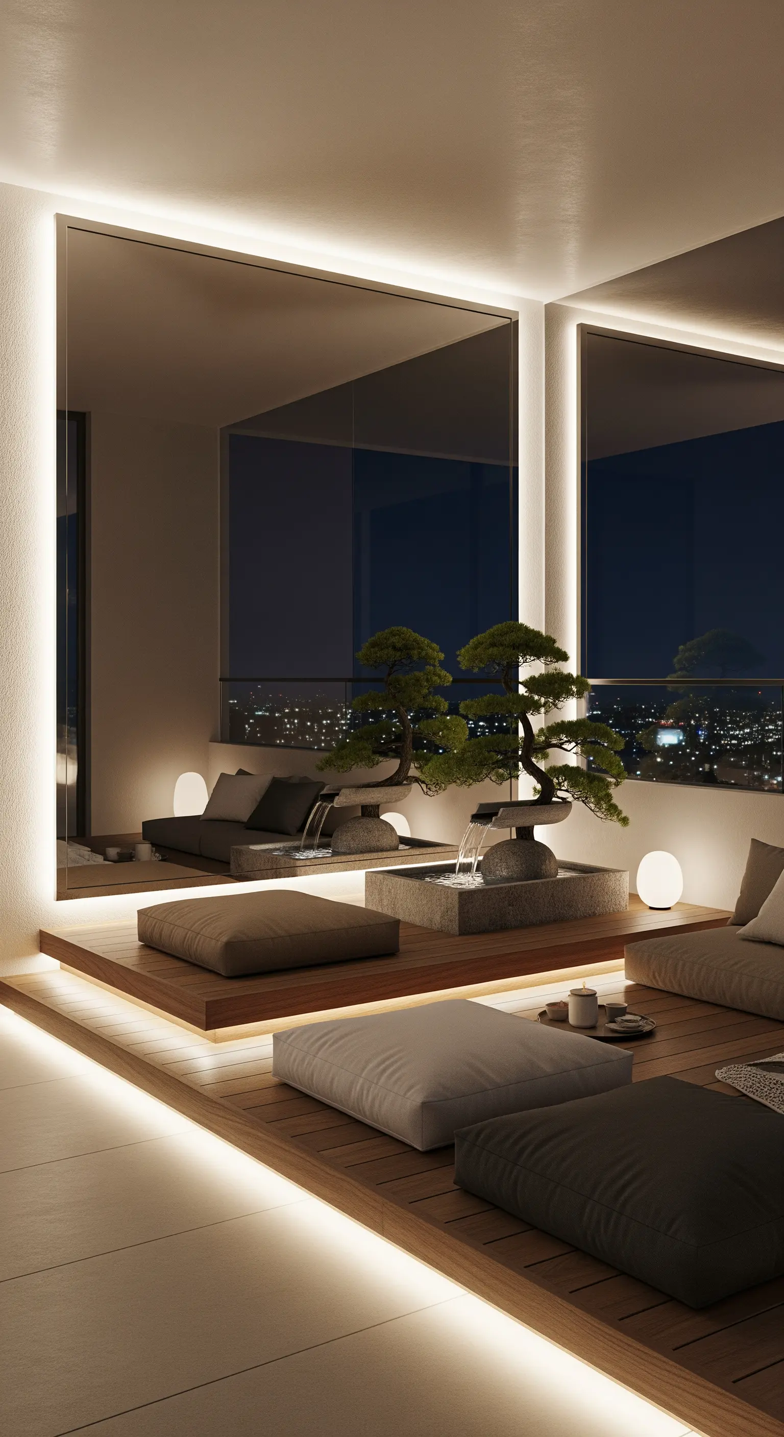 Spazio zen con pedana in legno illuminata, grandi specchi, cuscini a terra e una piccola fontana.