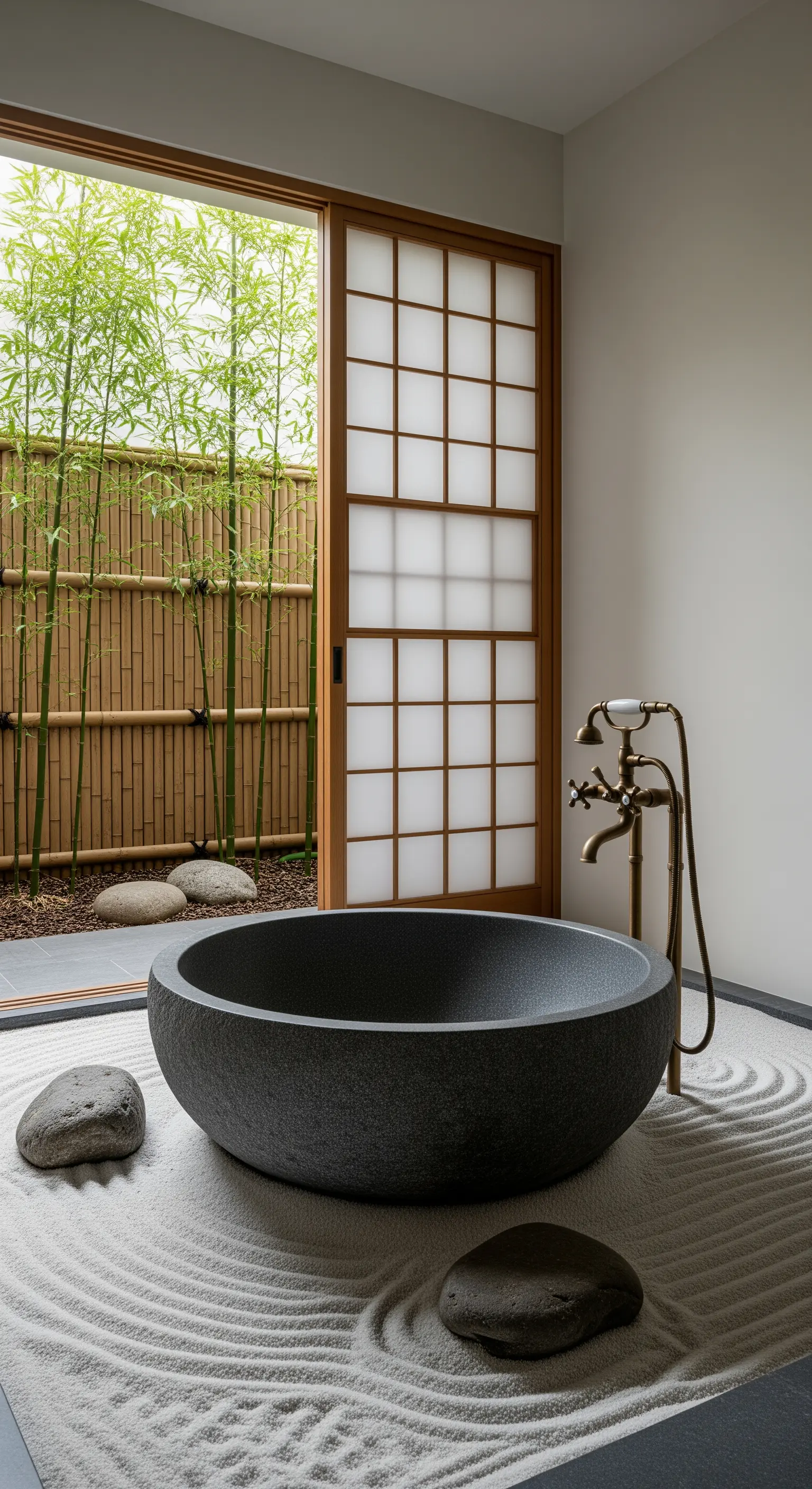 Vasca rotonda in pietra in un bagno zen con sabbia rastrellata e vista su un giardino di bambù.