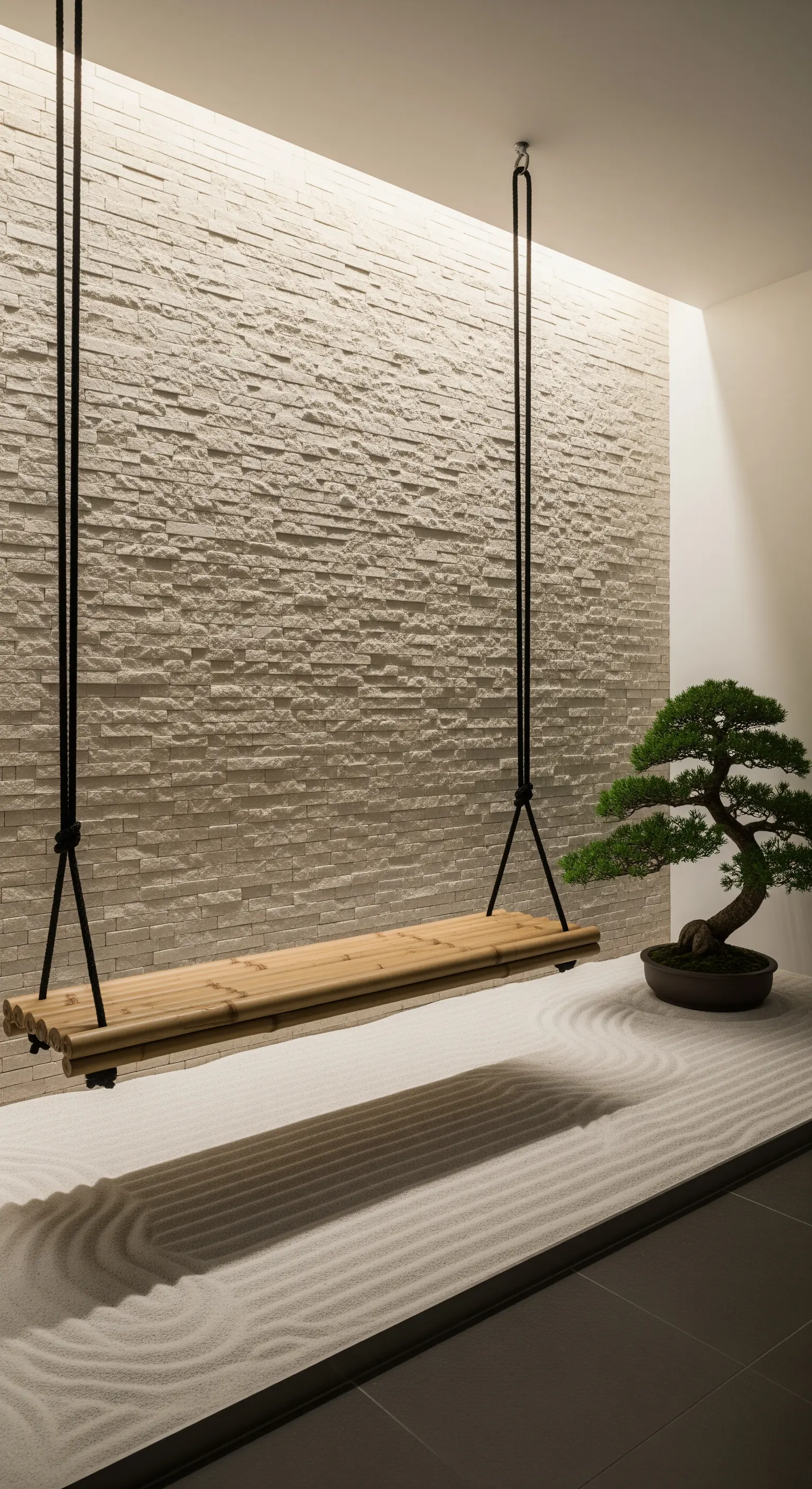Panca sospesa in bambù in un giardino zen interno con sabbia e un bonsai.
