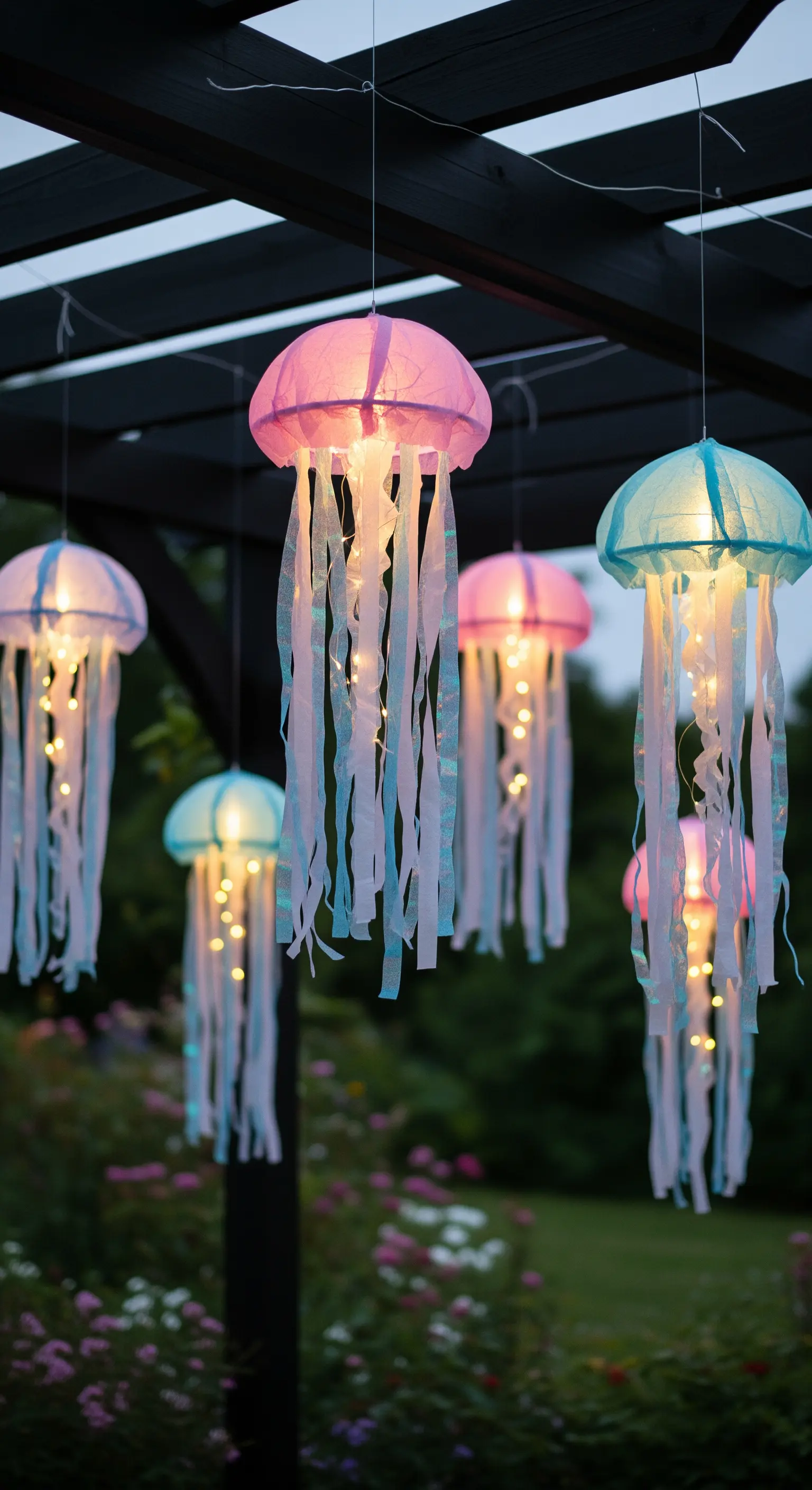 Lanterne a forma di medusa rosa e azzurre, illuminate con lucine, appese a un pergolato nero.