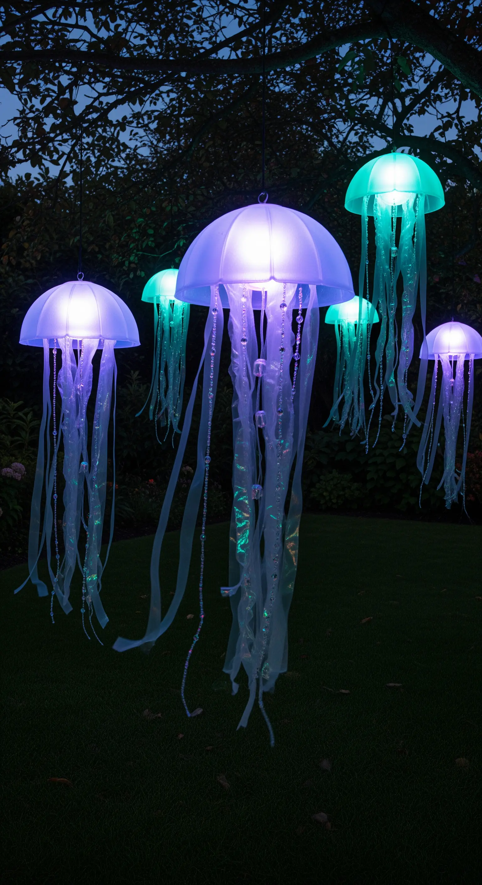 Lanterne a forma di medusa con cappelli viola e tentacoli di nastro, illuminate di notte.