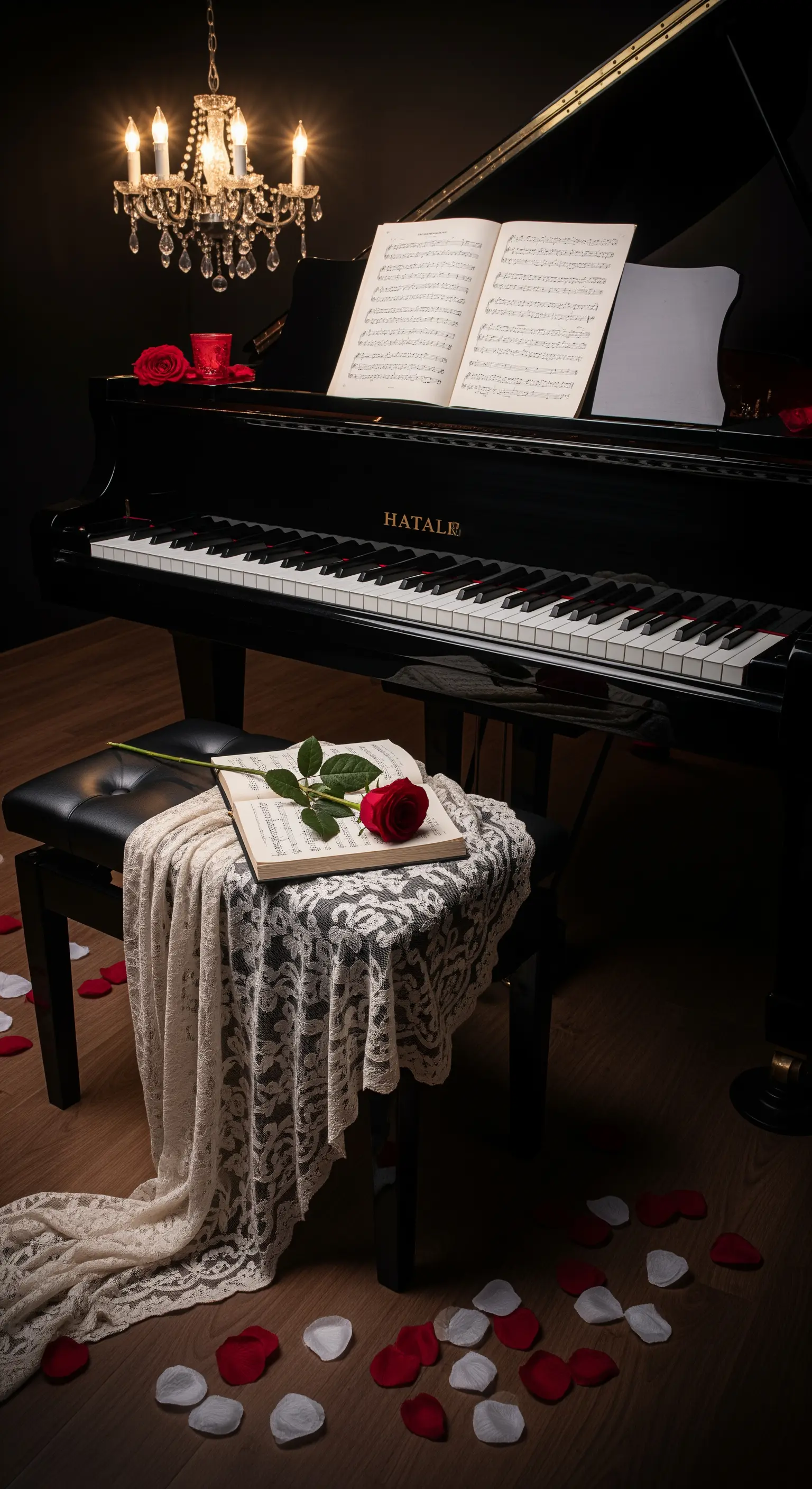 Pianoforte a coda nero con una rosa rossa, spartito musicale e un lampadario di cristallo.