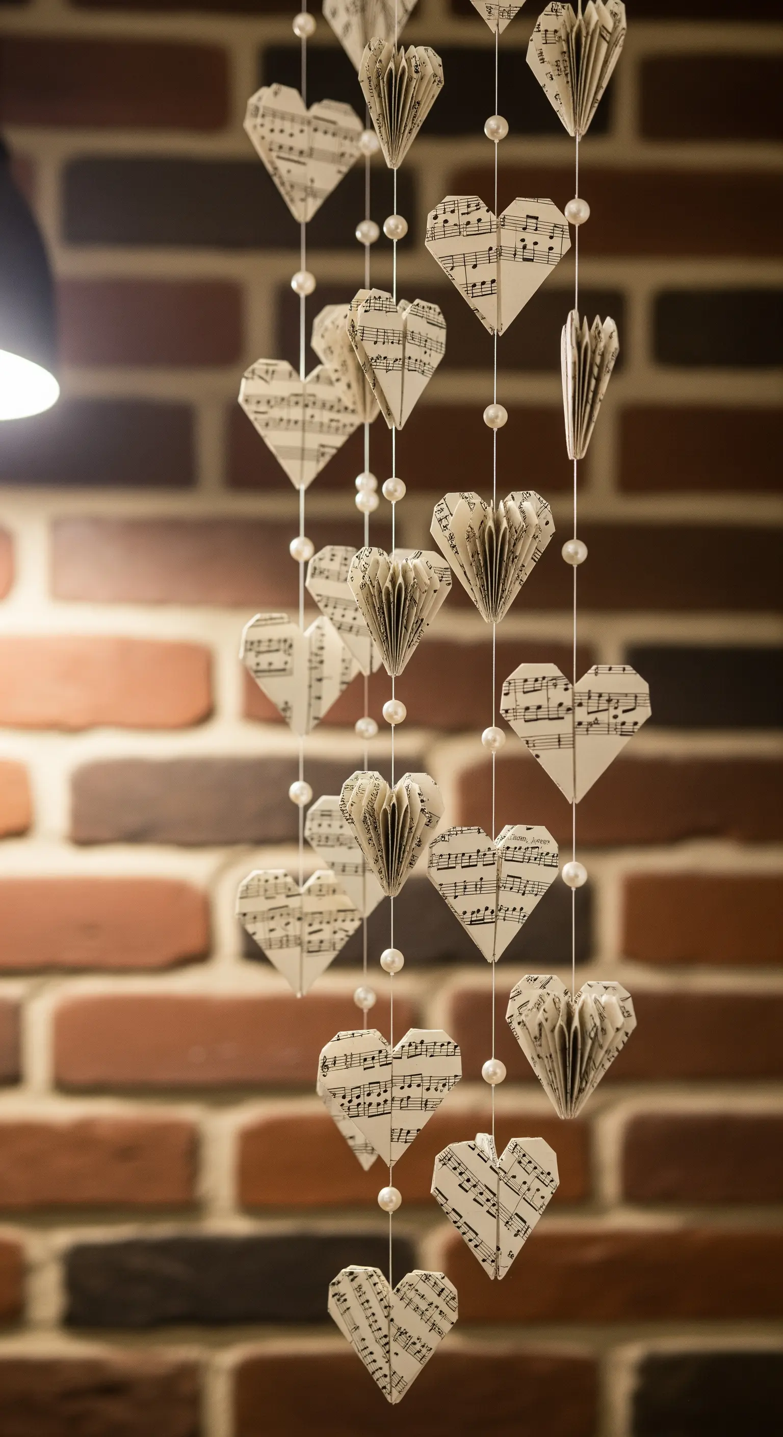Ghirlanda verticale di cuori tridimensionali realizzati con spartiti musicali.