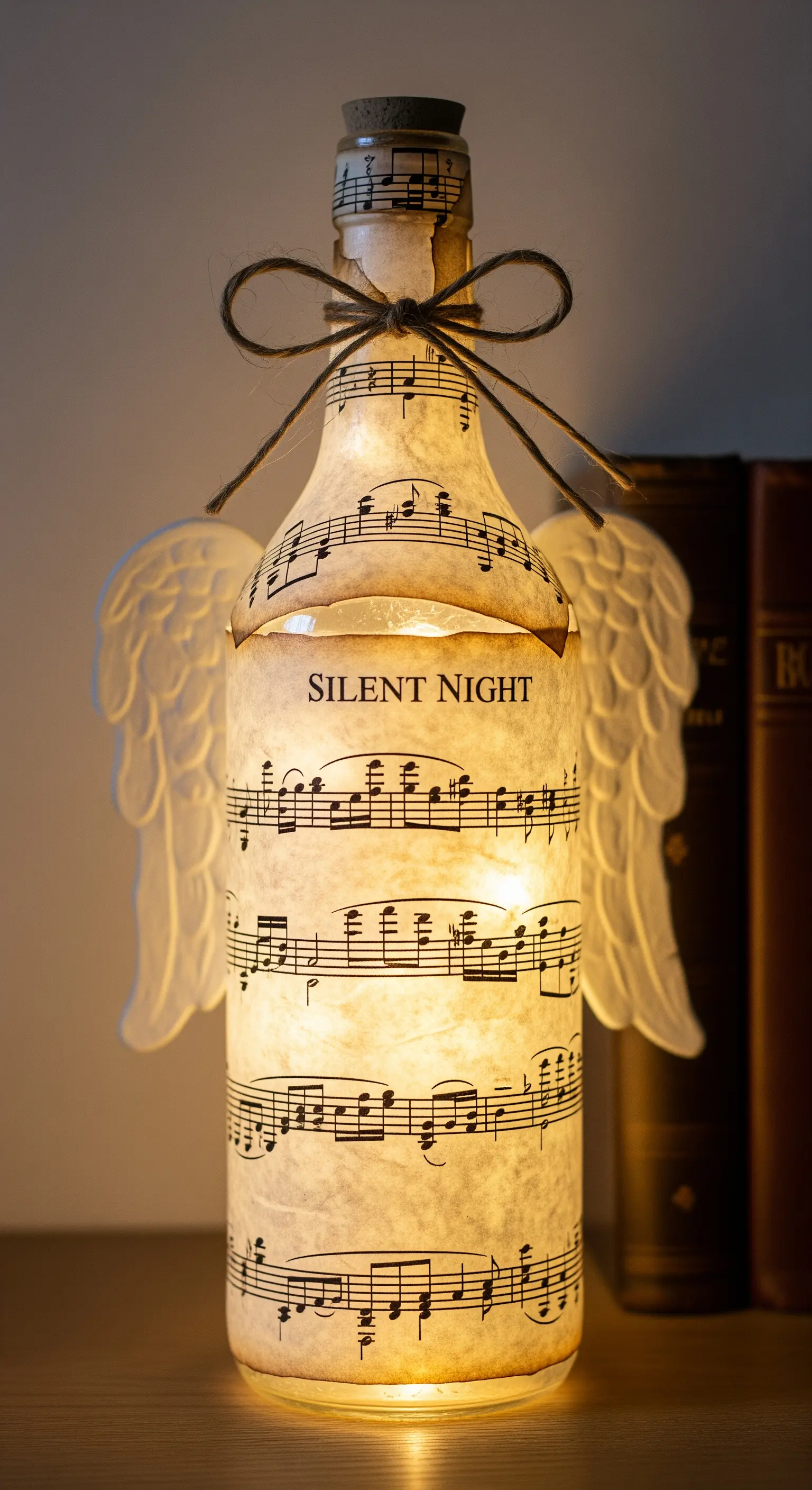 Bottiglia rivestita con uno spartito musicale invecchiato, con ali d'angelo e luci interne.