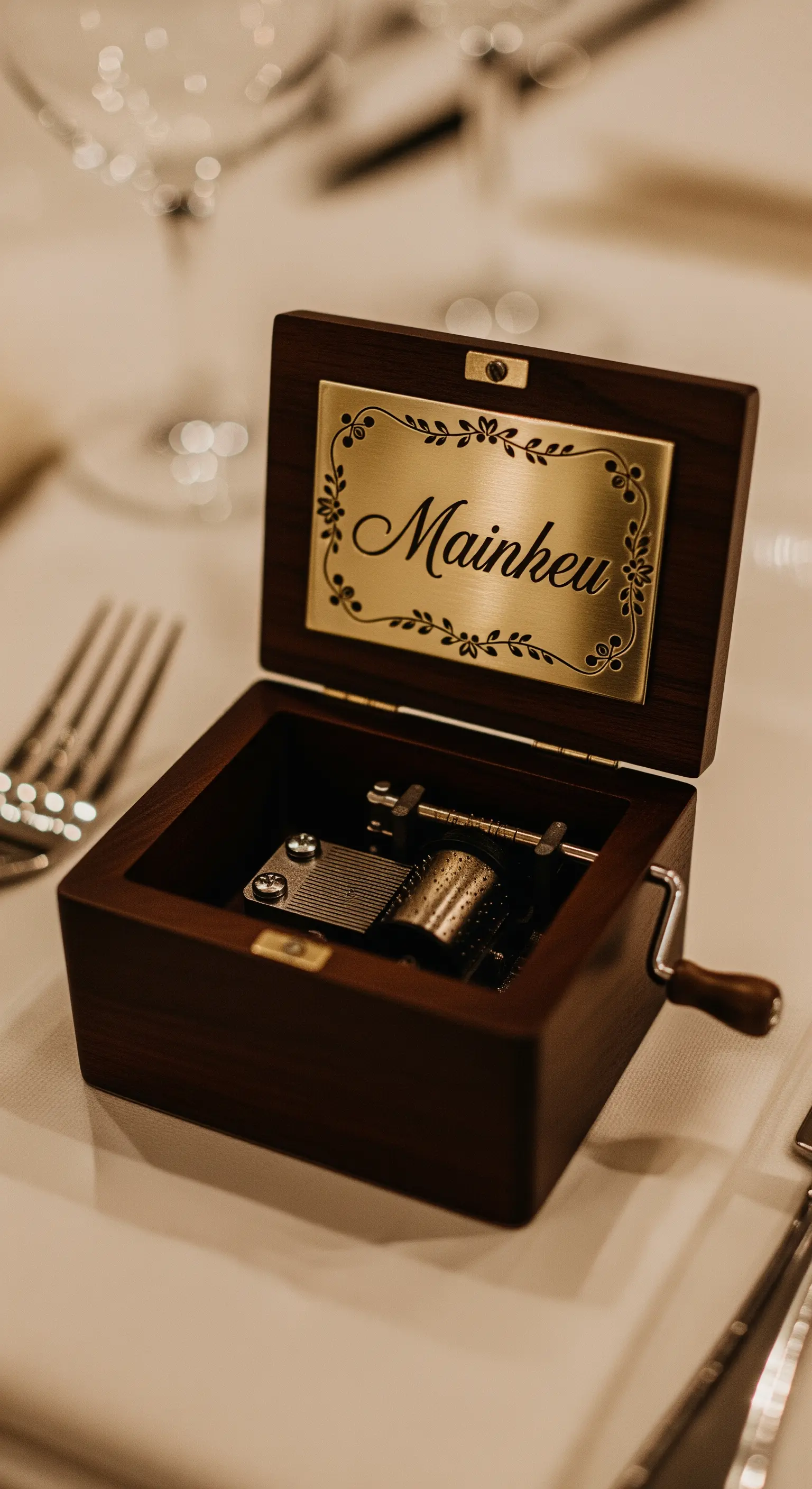 Carillon in legno scuro aperto con placca dorata incisa con un nome all'interno del coperchio.