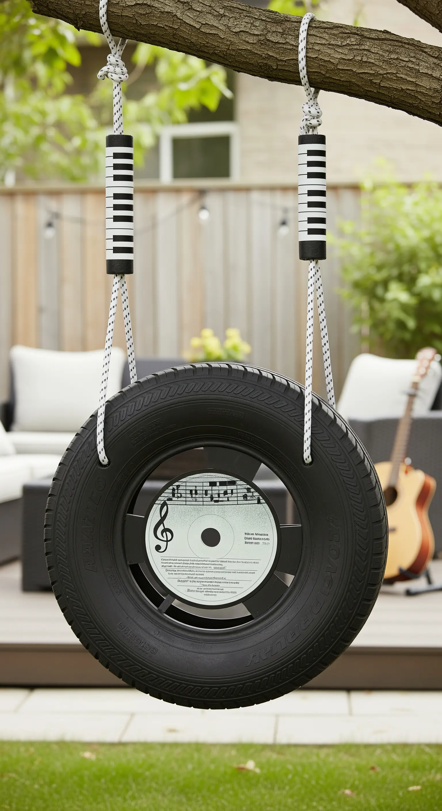 Altalena a tema musicale con un pneumatico nero, decorazioni a forma di disco e tasti di pianoforte.