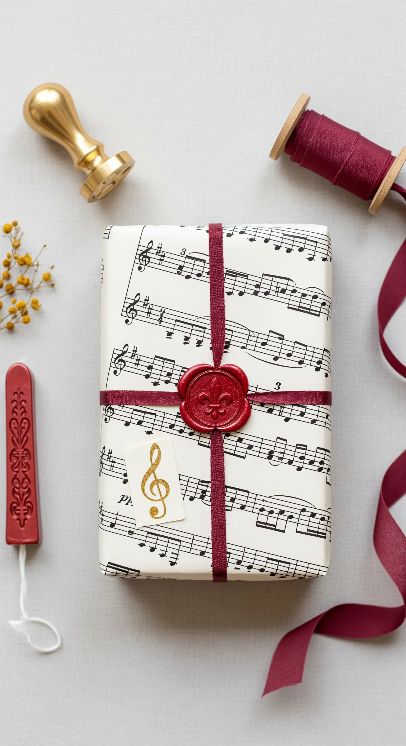 Regalo incartato con uno spartito musicale, nastro bordeaux e un sigillo di ceralacca rossa.