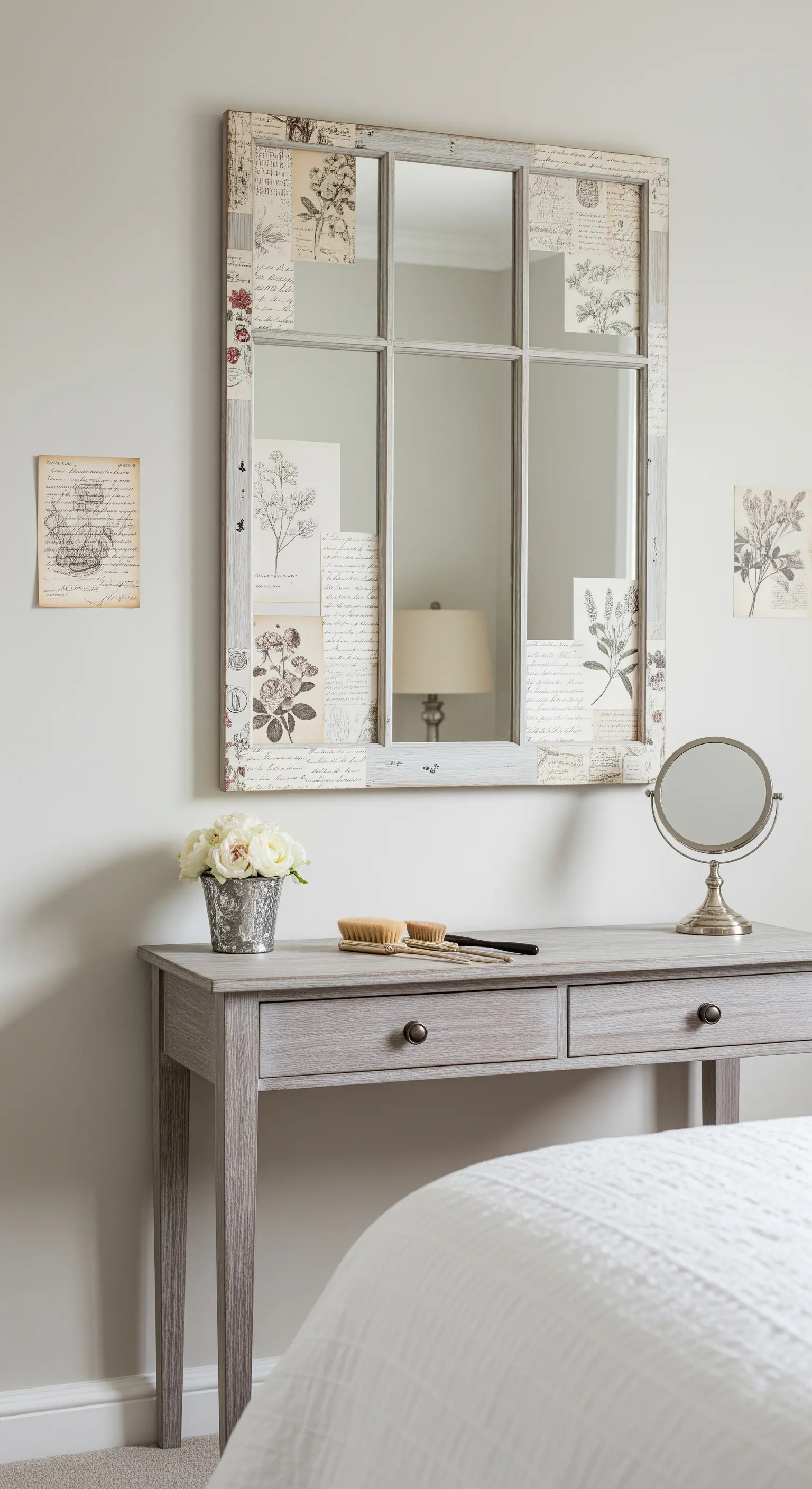 Specchio a finestra con cornice decorata a decoupage con stampe botaniche e scritte.