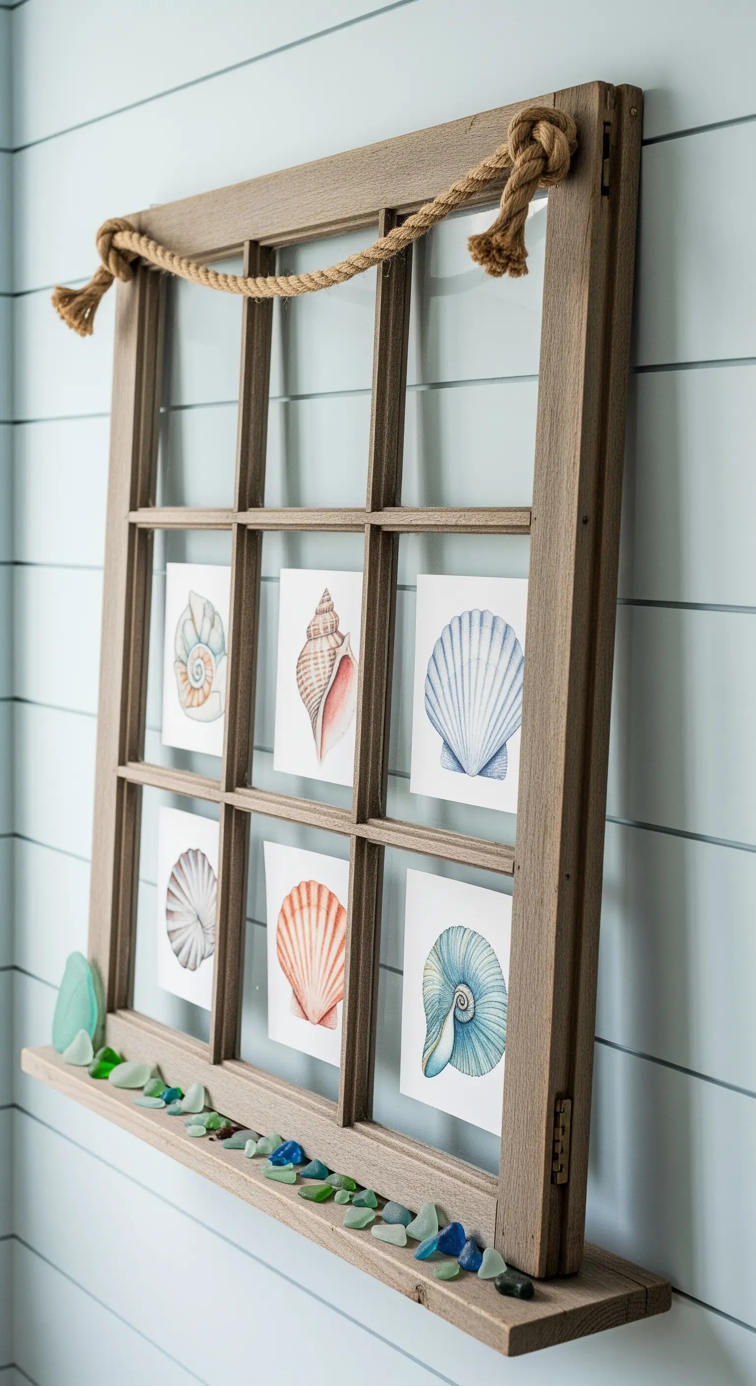 Finestra in legno naturale con mensola, decorata con stampe di conchiglie e una corda per appenderla.