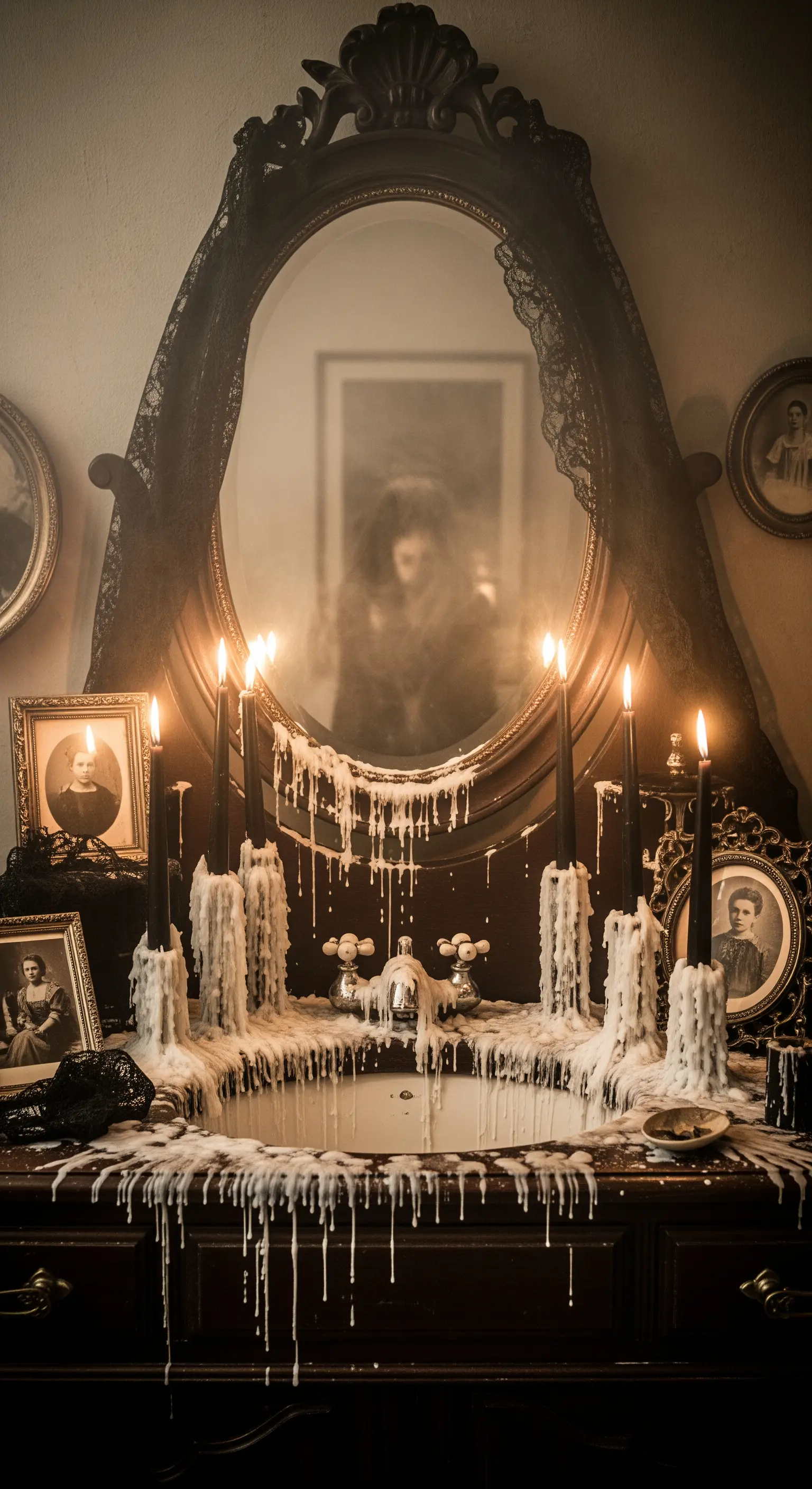 Lavabo invaso da cera sciolta di candele nere, circondato da vecchie foto in bianco e nero