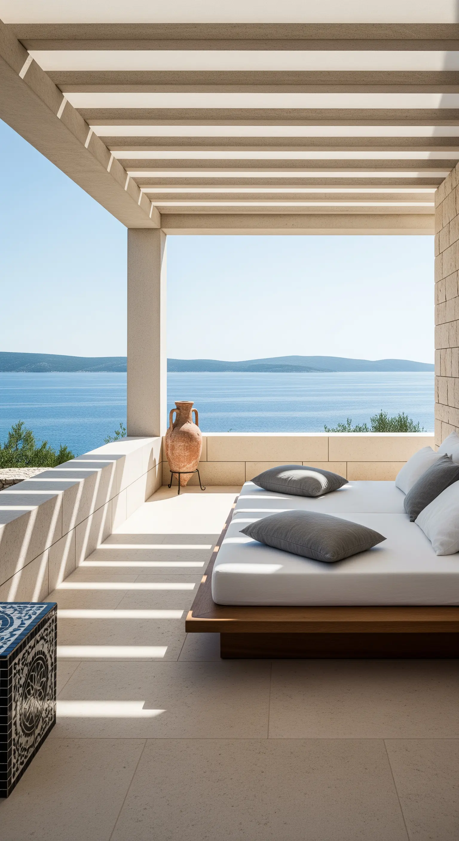 Terrazza minimalista con lettino basso, anfora in terracotta e vista mare.