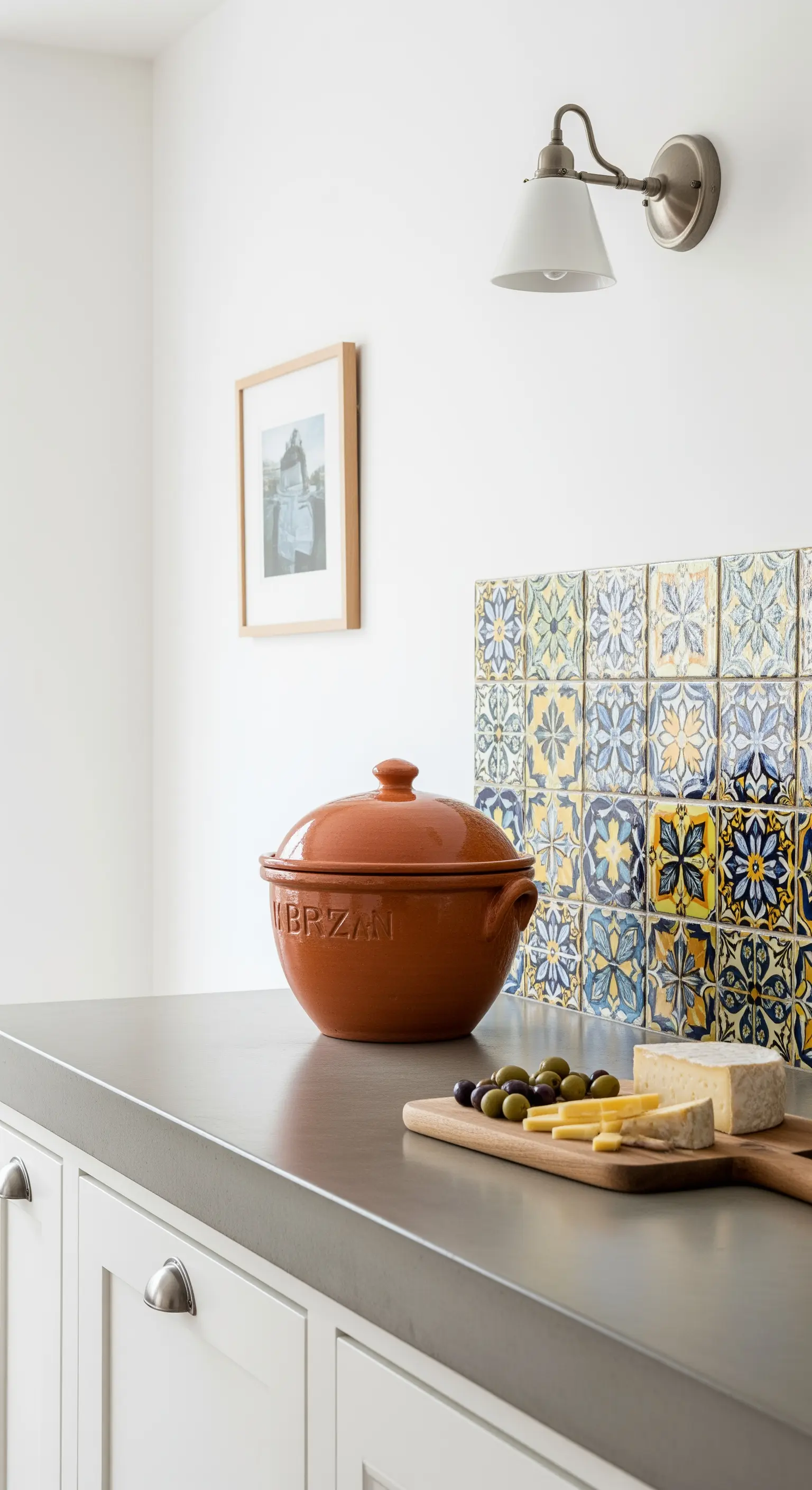 Dettaglio di un piano di lavoro con un piccolo paraschizzi in maiolica e una pentola in terracotta.