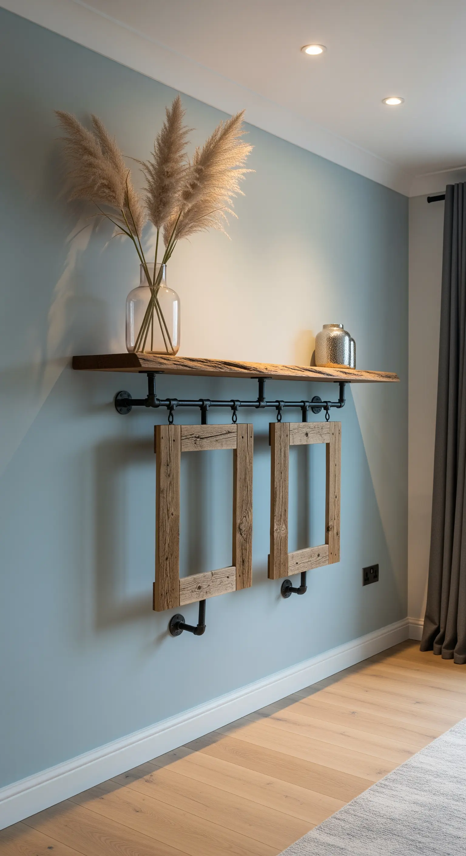 Mensola in stile industriale con tubi di ferro neri da cui pendono due cornici di legno vuote.