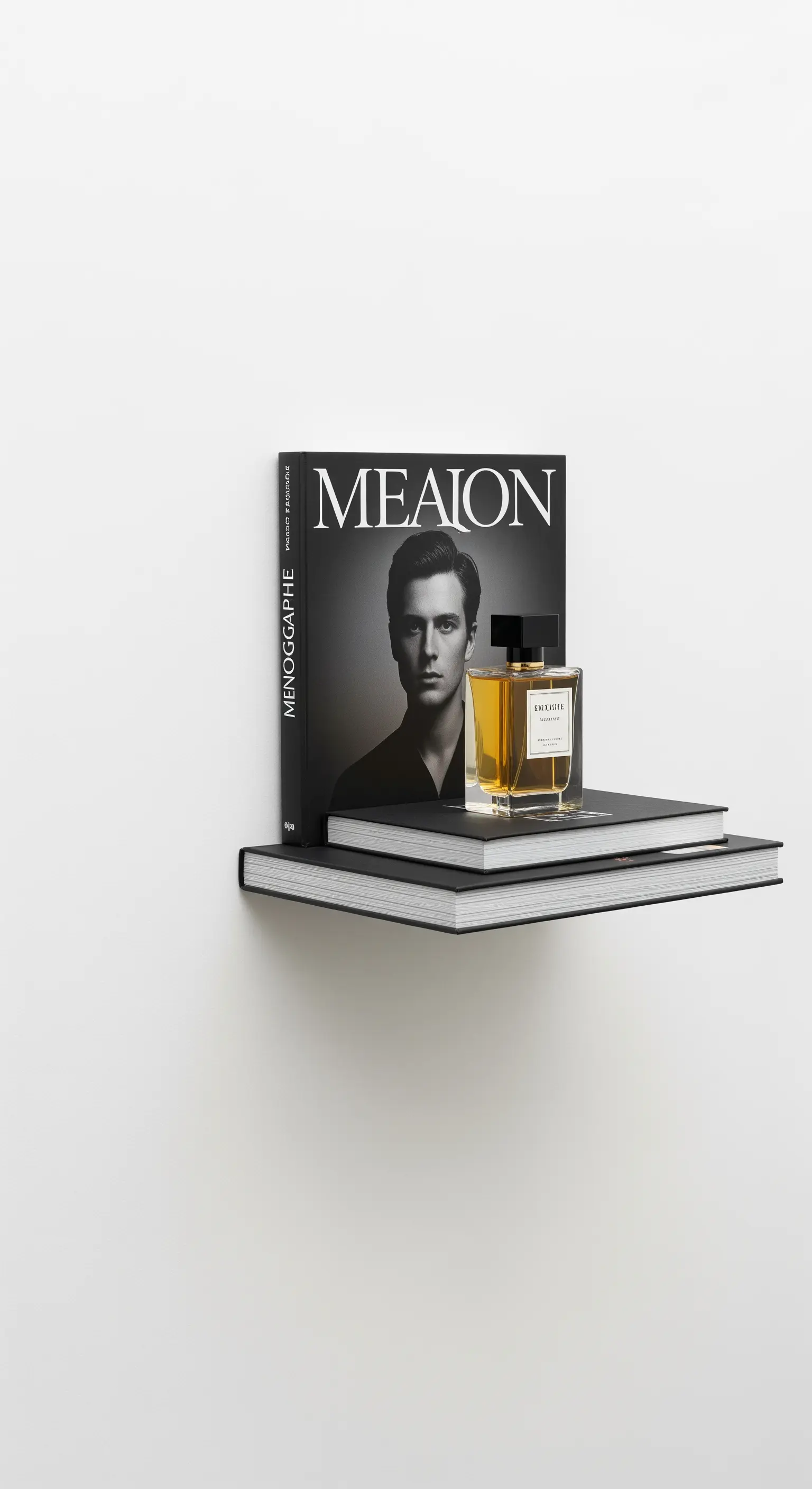 Mensola invisibile creata con libri neri su cui è appoggiata una boccetta di profumo di design.