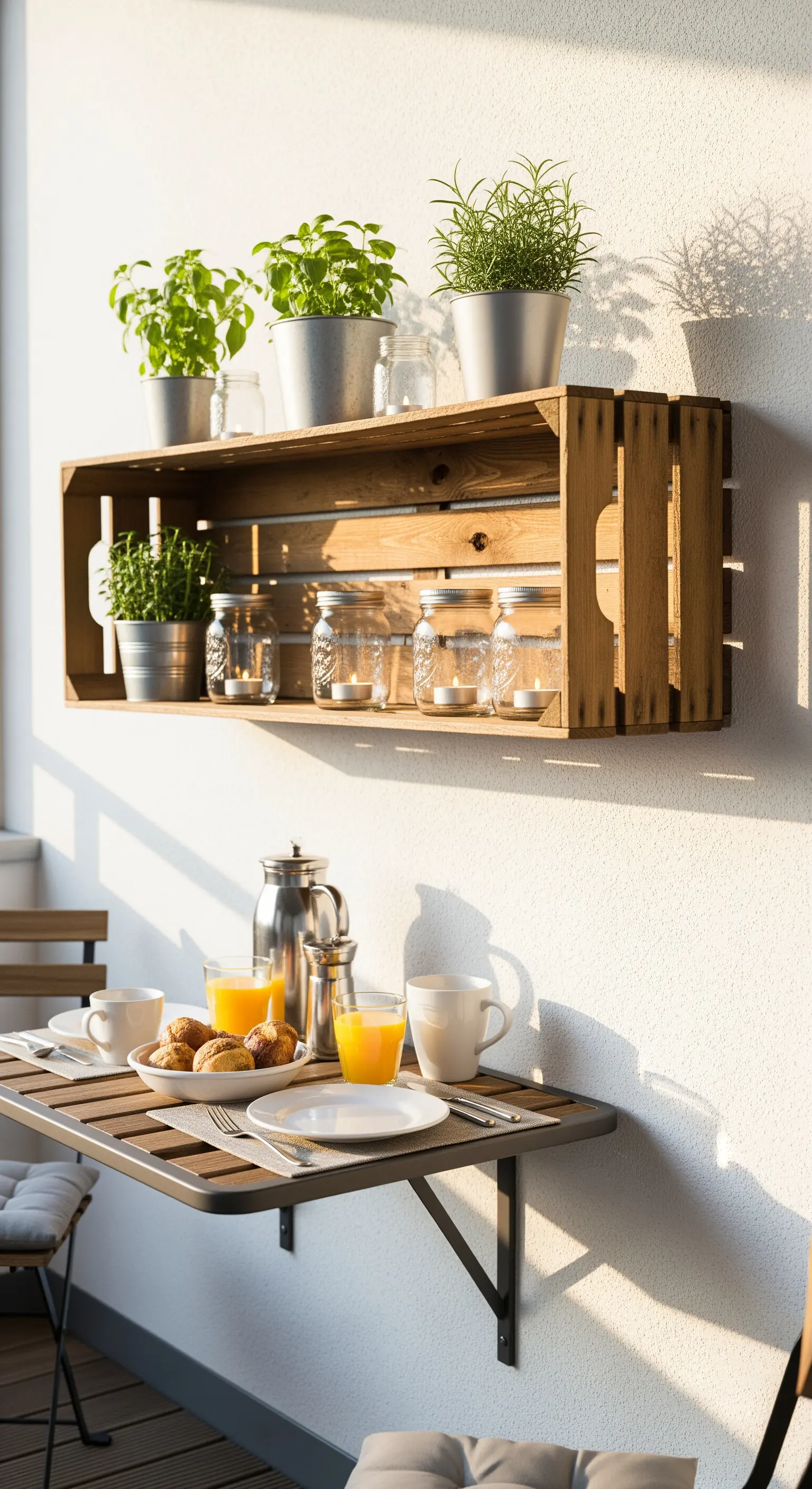 Cassetta di legno appesa al muro come mensola sopra un tavolo da colazione sul balcone.