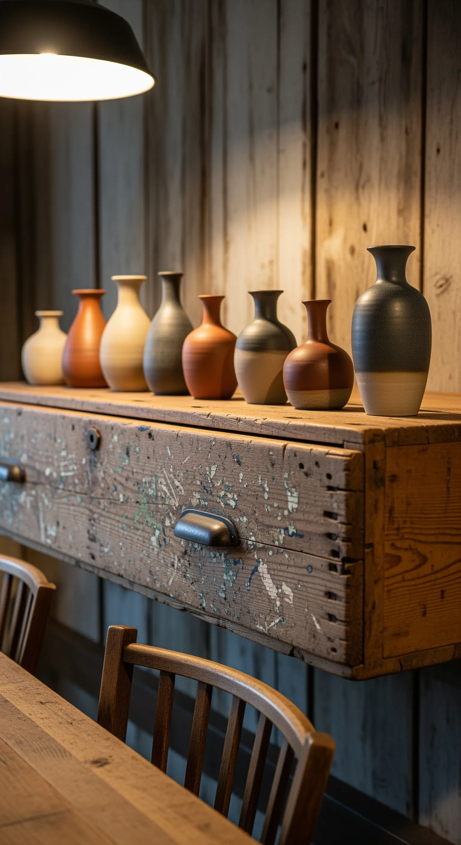 Vecchio cassetto da lavoro in legno grezzo con schizzi di vernice, usato come mensola per vasi.