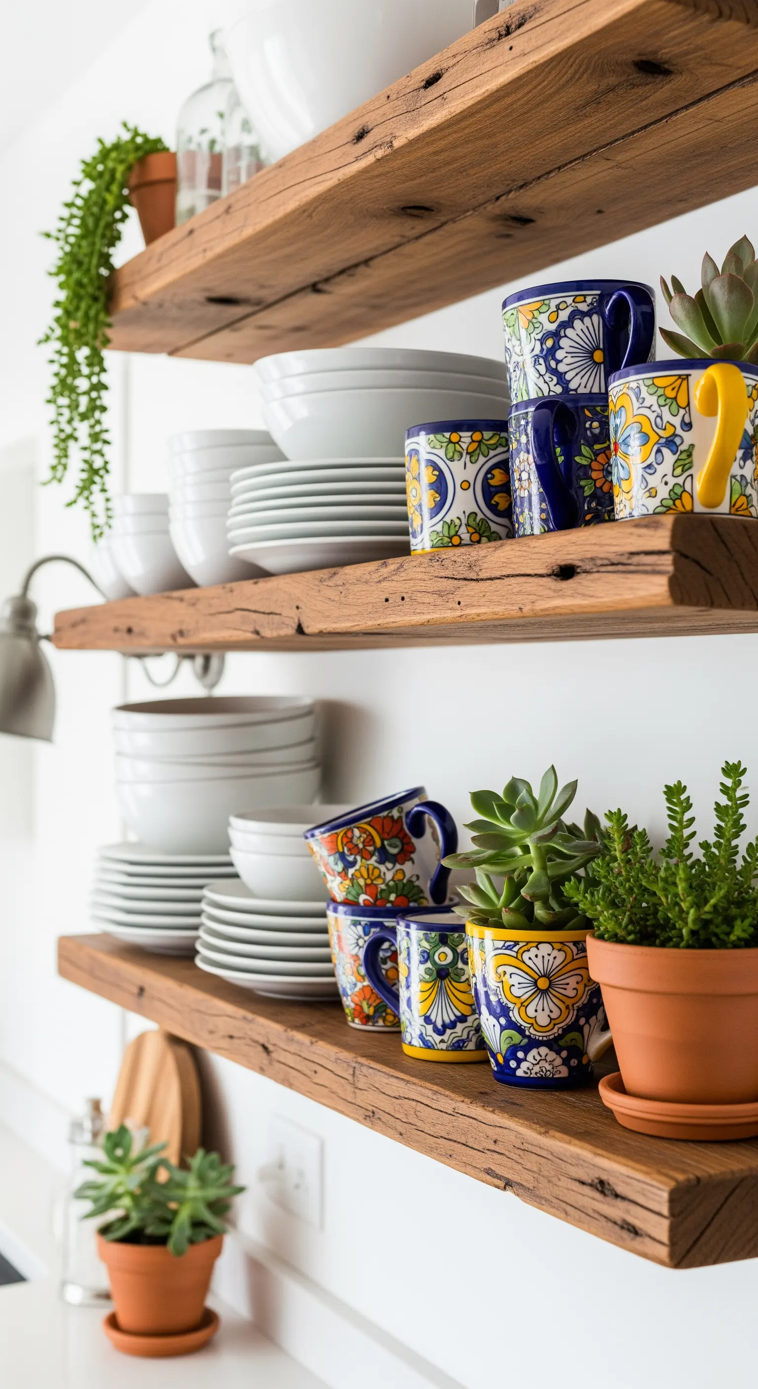 Mensole in legno grezzo con stoviglie bianche, tazze decorate e piante grasse in vasi di cotto.