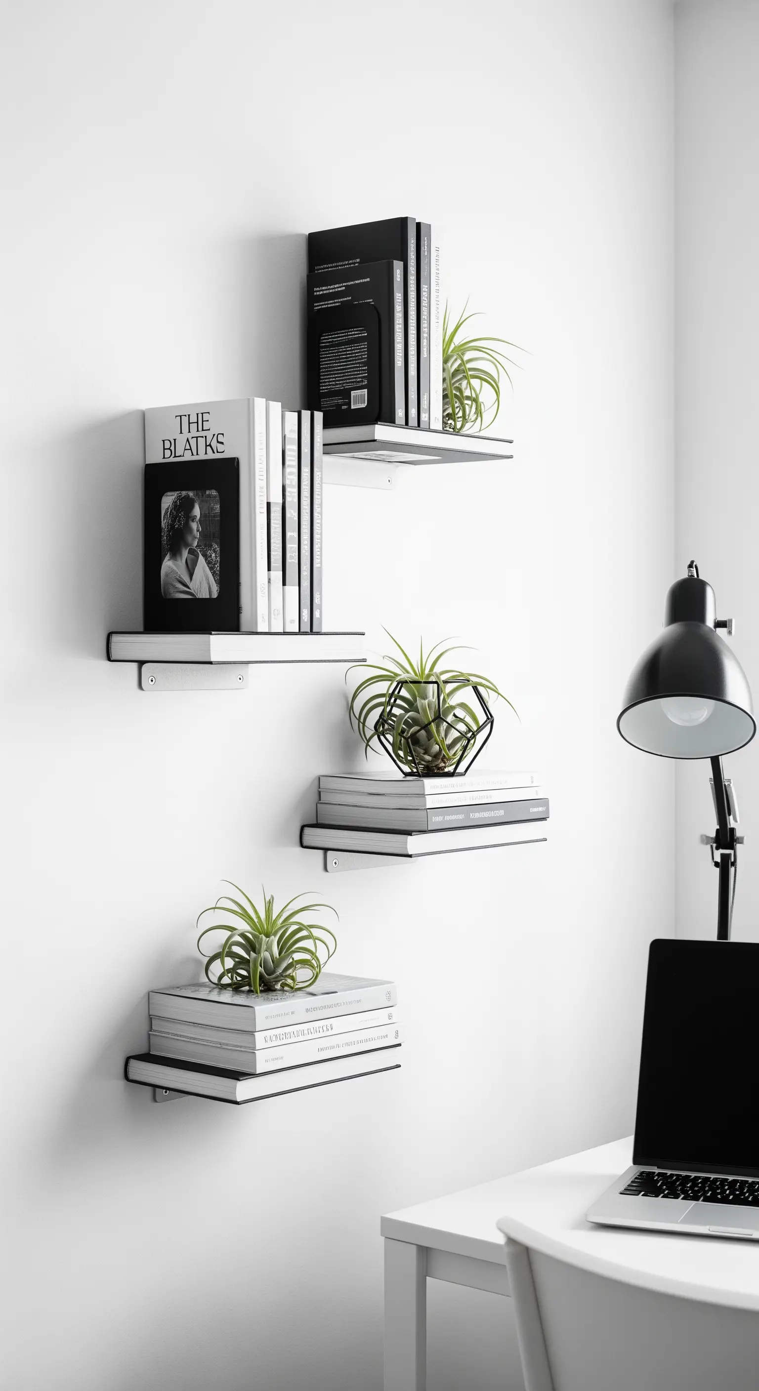 Mensole a scomparsa su cui sono appoggiati libri e piccole piante aeree in un ufficio minimalista.