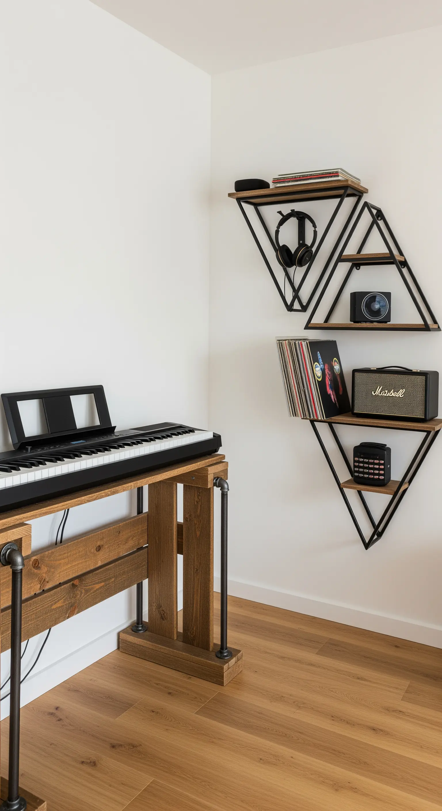Mensole triangolari in metallo e legno in un angolo musica con tastiera e amplificatore.