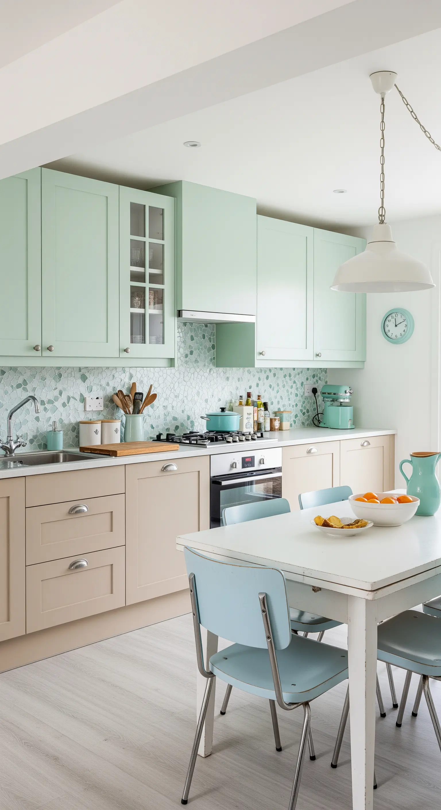 Cucina bicolore con pensili verde menta, basi beige e tavolo retrò.