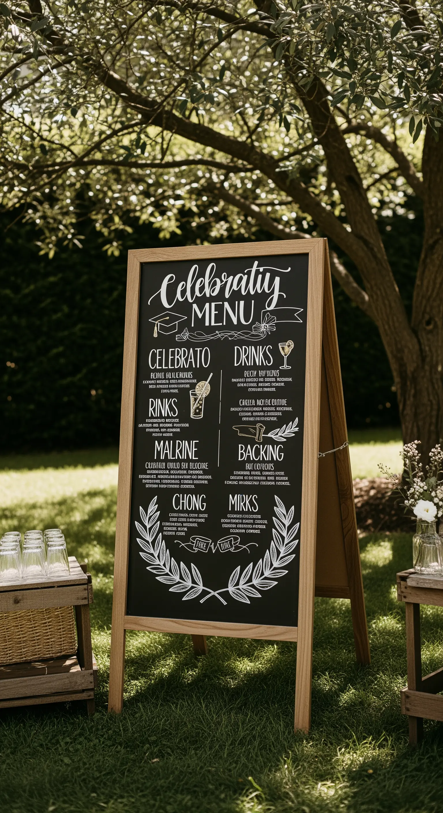 Lavagna a cavalletto in legno con menù della festa di laurea scritto a mano con gessetti bianchi