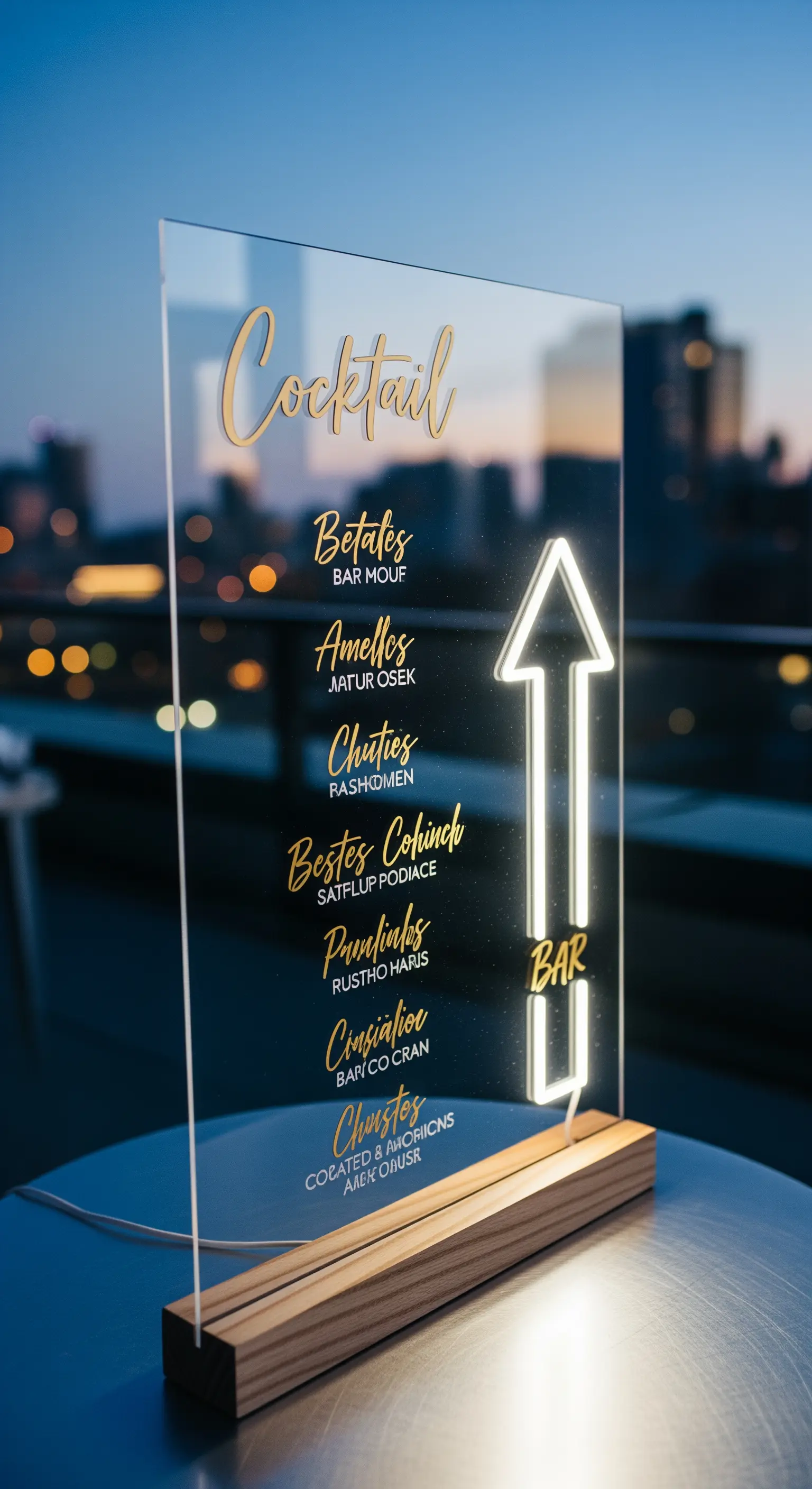 Menu per cocktail in plexiglass trasparente con scritte dorate e freccia luminosa a LED.