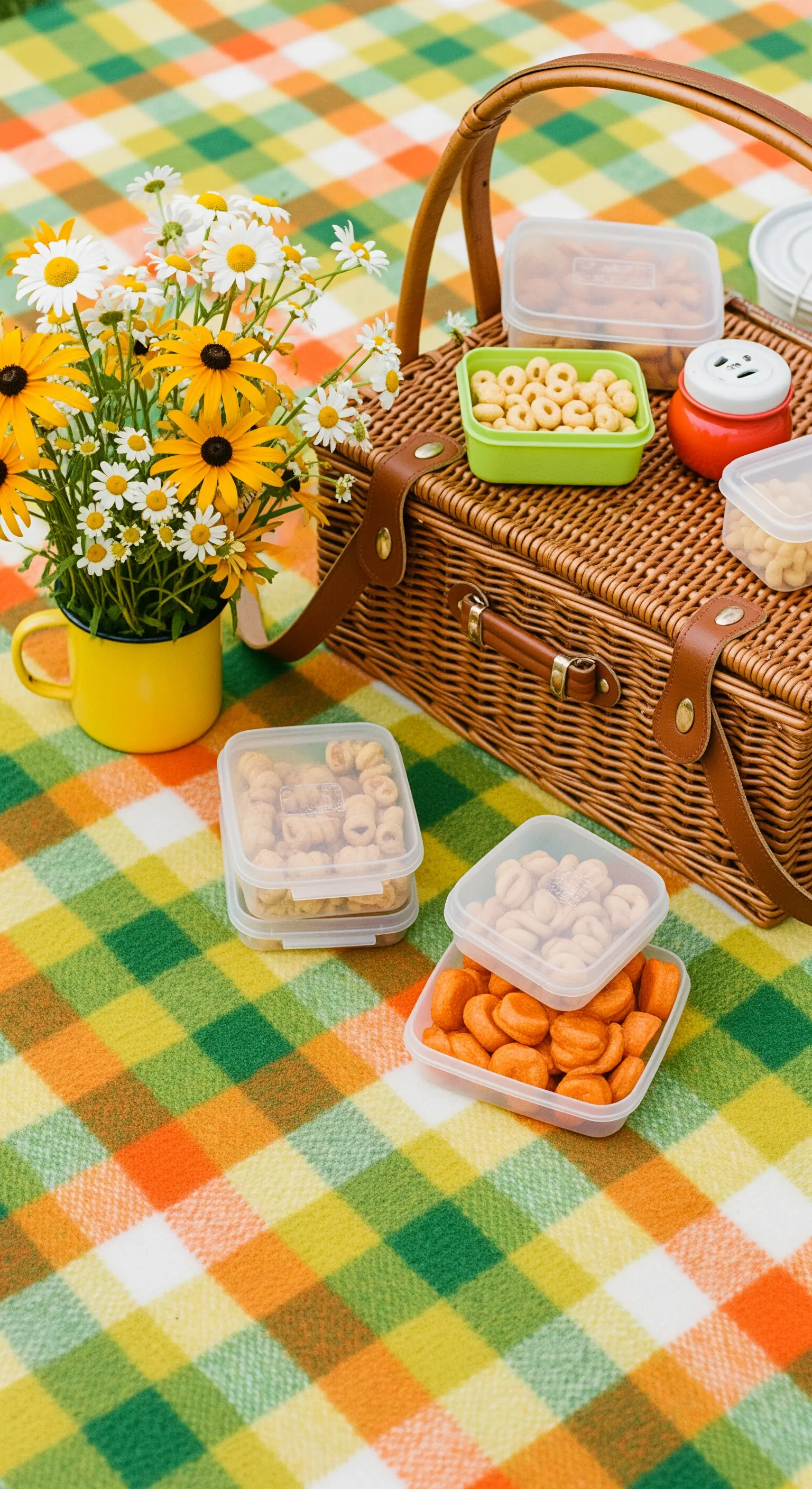 Picnic per bambini con coperta a quadri colorata, snack in contenitori e margherite