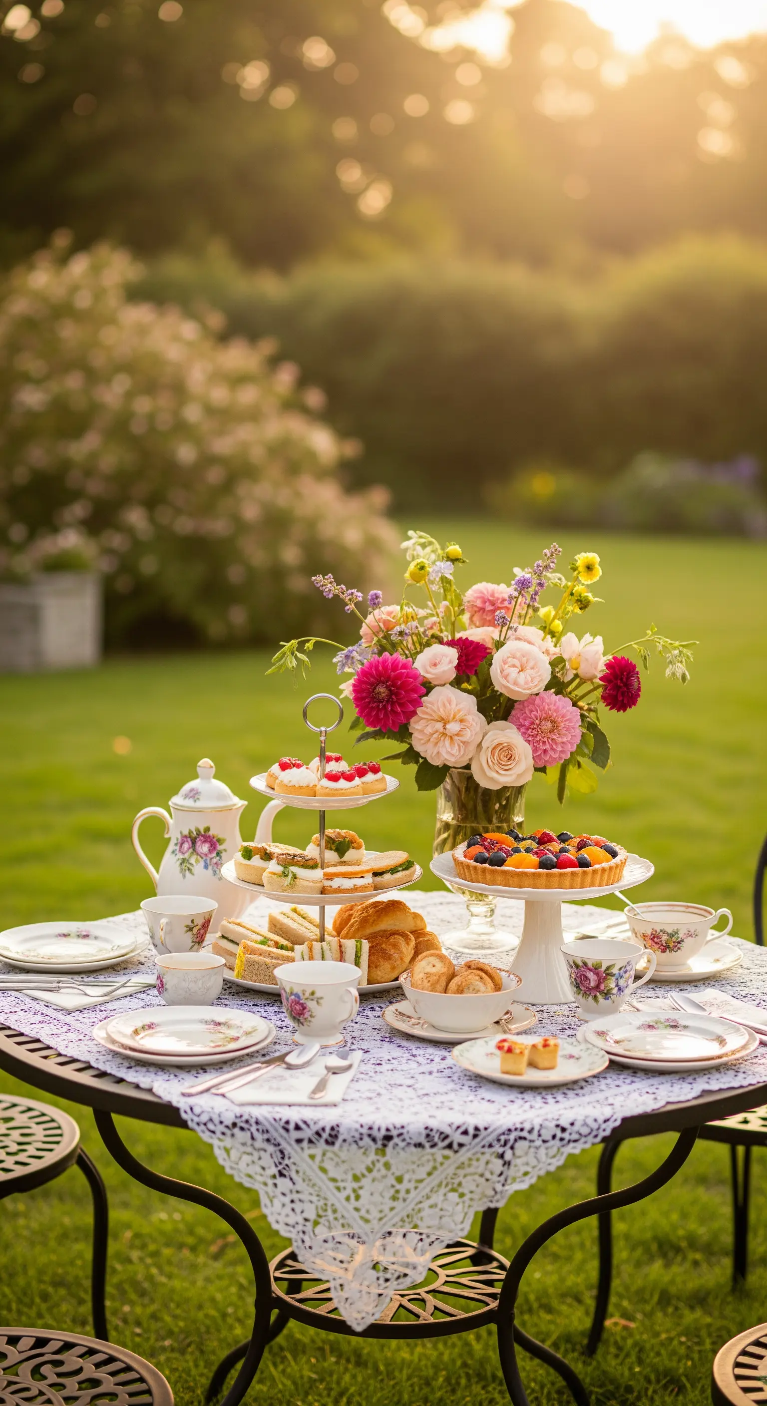 Tavola da tè allestita in giardino con tovaglia di pizzo, porcellane floreali e dolci al tramonto.