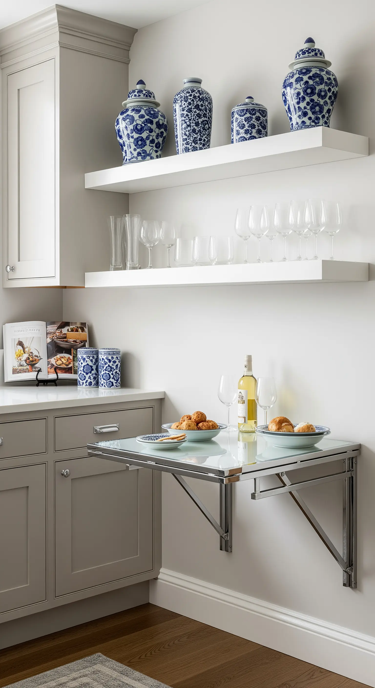 Cucina grigia con mobili Shaker e un tavolo a ribalta moderno con struttura cromata e piano in vetro.