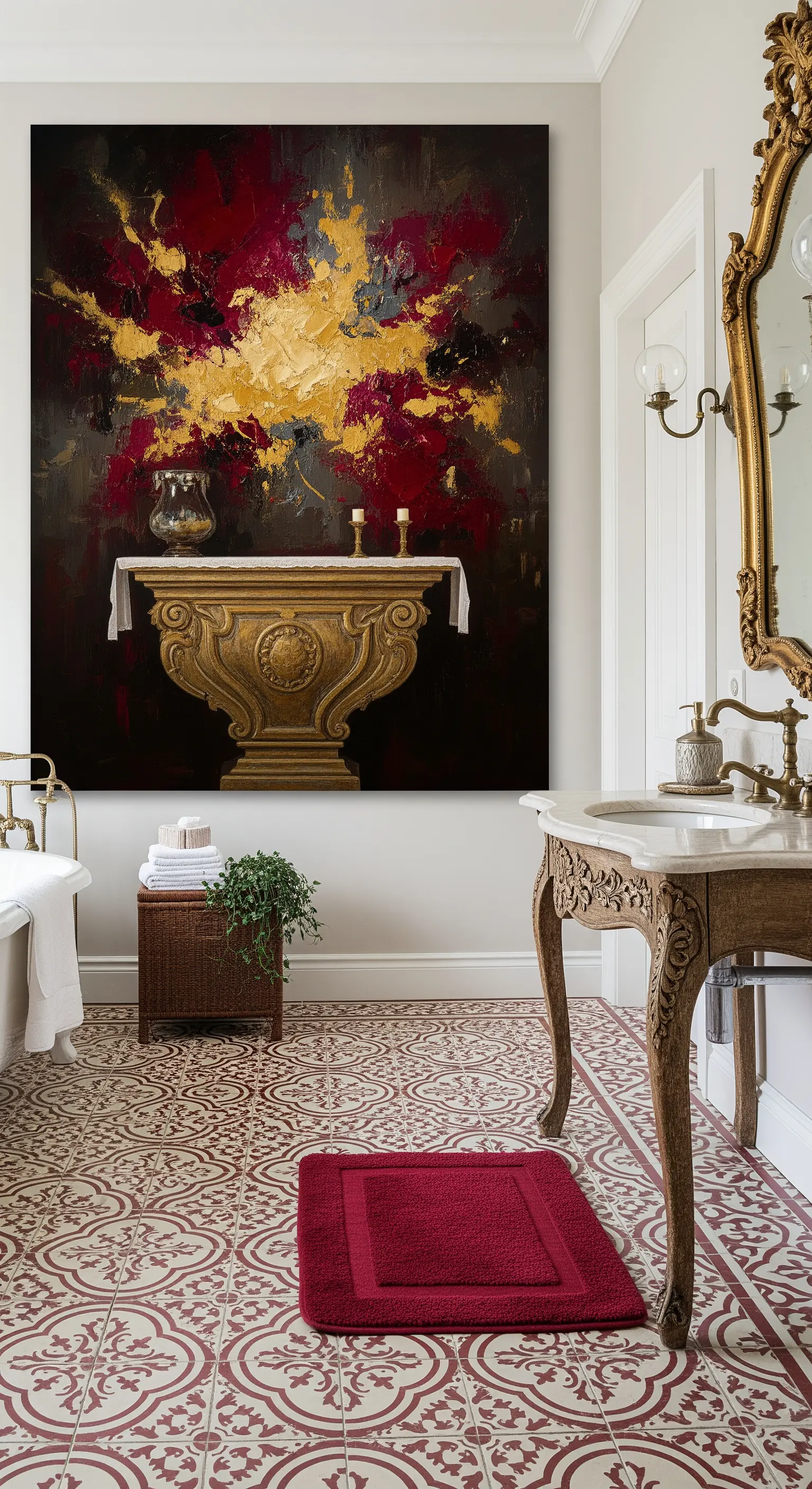 Bagno classico con lavabo barocco e un grande quadro astratto materico rosso e oro.
