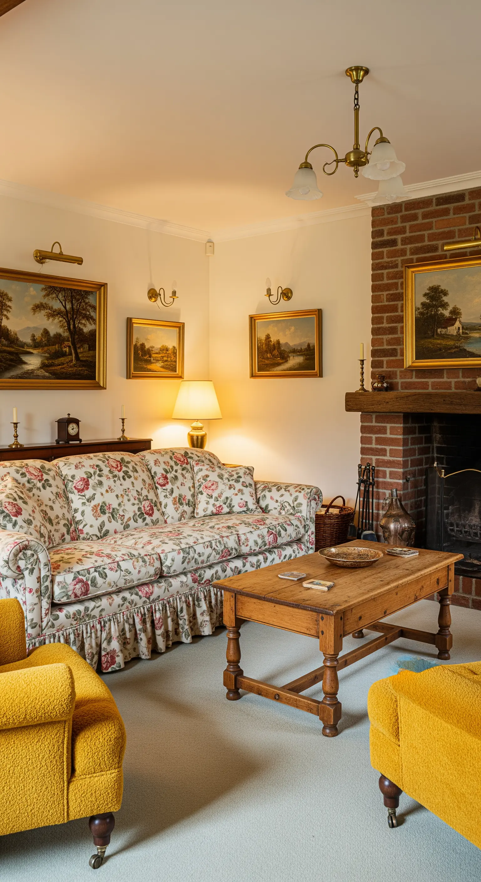 Salotto in stile country con divano a fiori e due poltrone moderne in bouclé senape.