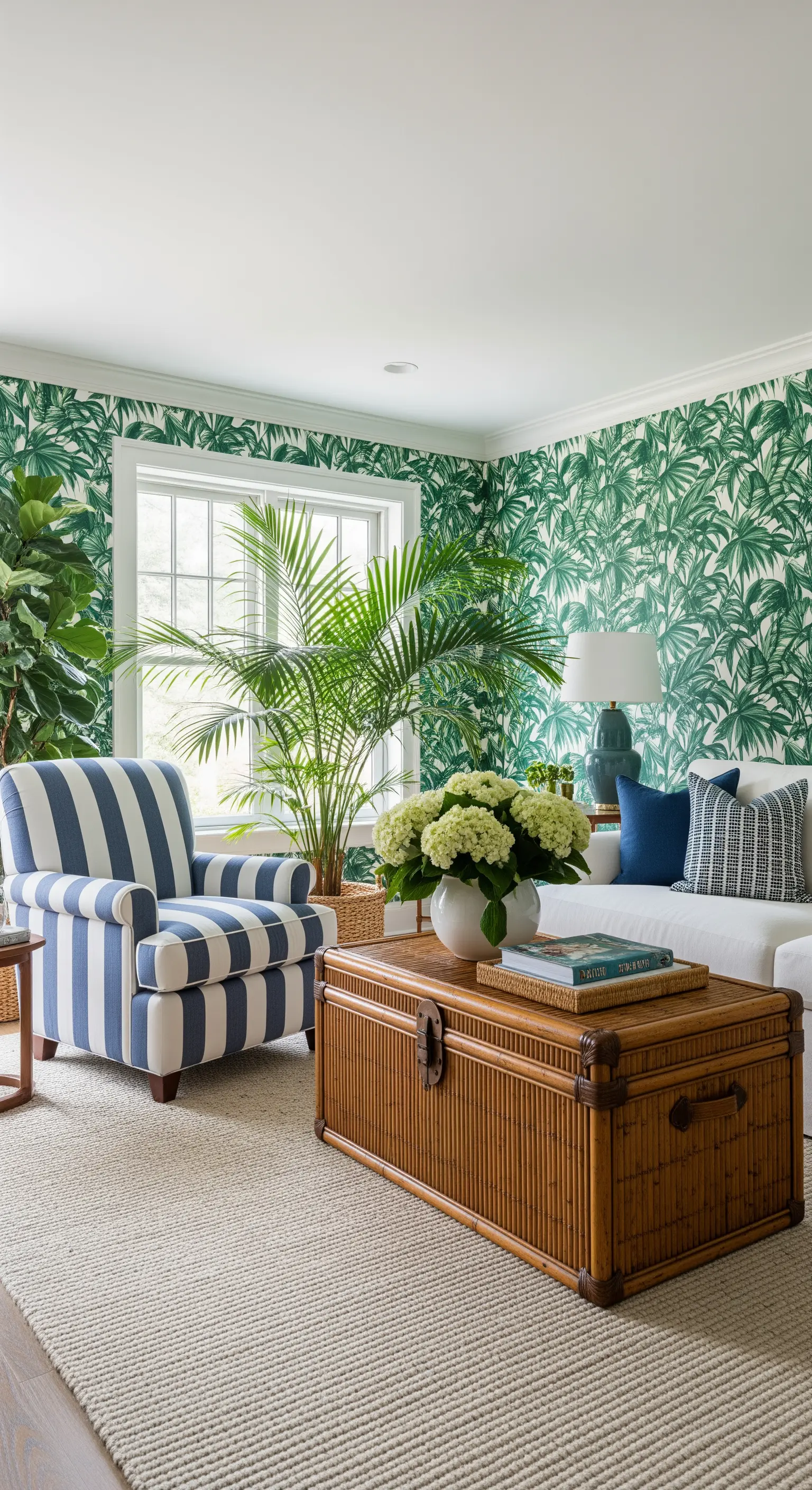 Living con carta da parati a foglie di palma e una poltrona a righe bianche e blu.