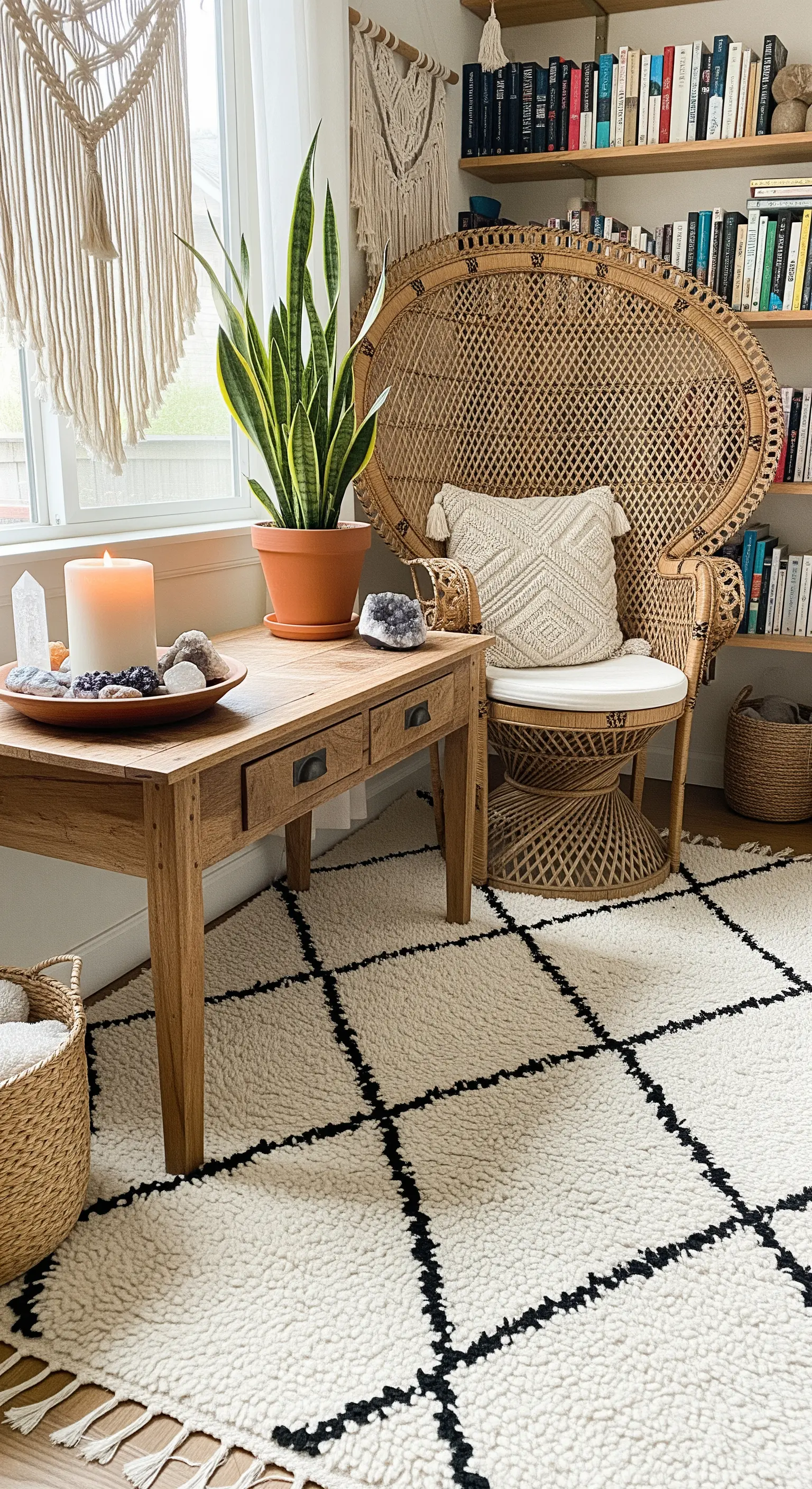 Angolo lettura bohémien con poltrona in rattan, tappeto berbero e dettagli in macramè.
