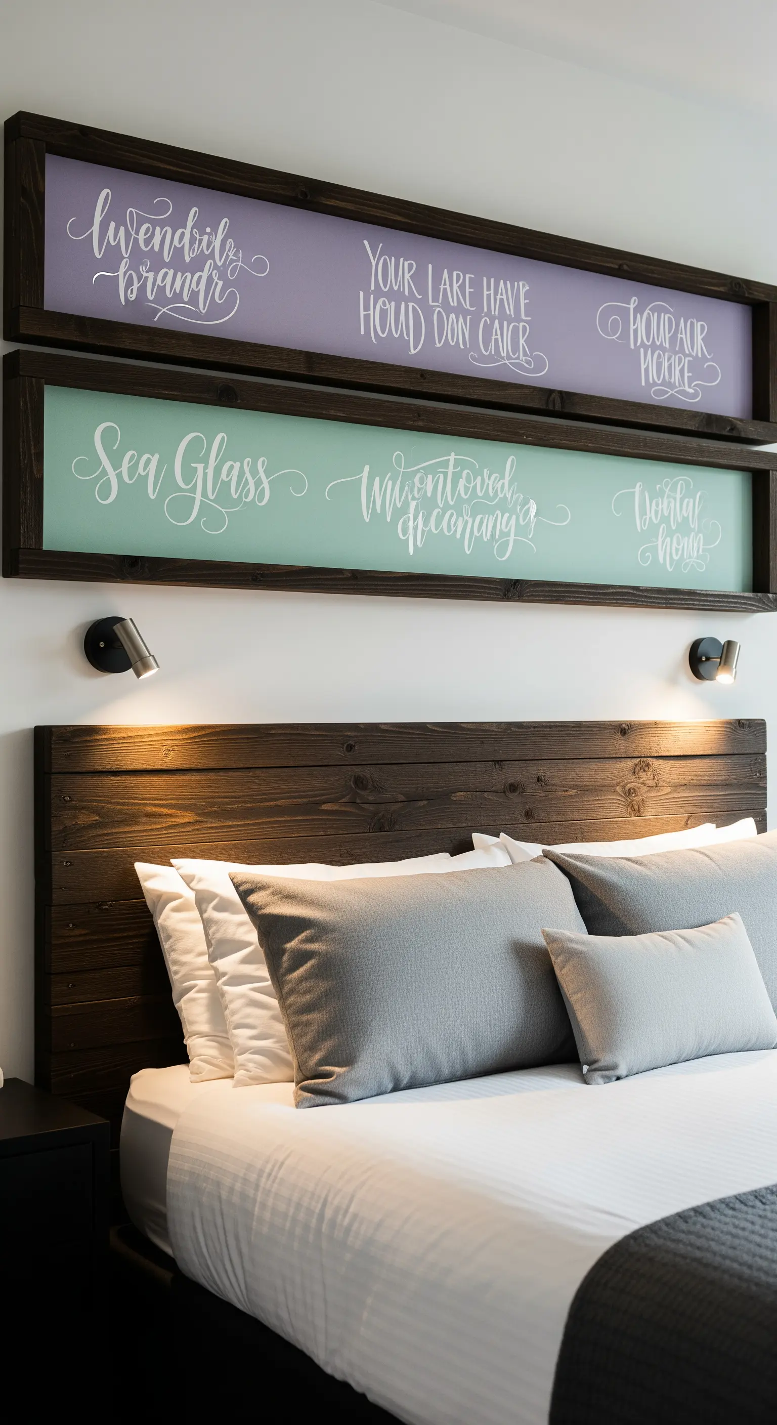 Lunghe cornici orizzontali in legno scuro con scritte calligrafiche su sfondi pastello sopra un letto.