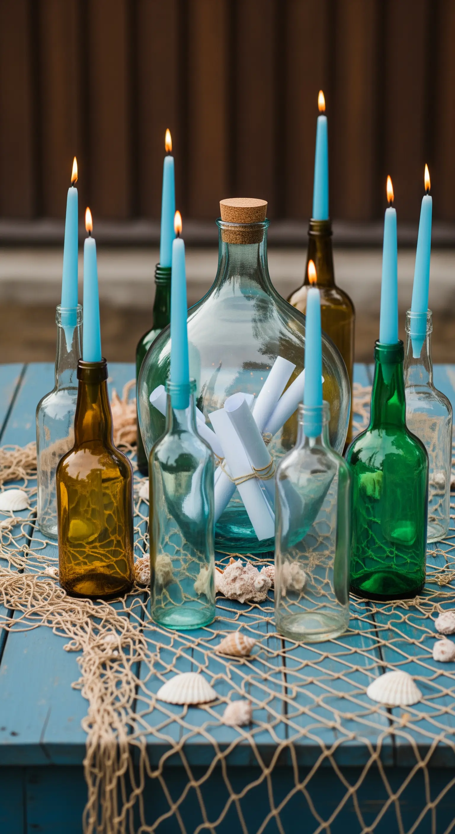 Centrotavola con bottiglie di vetro usate come candelieri per candele blu