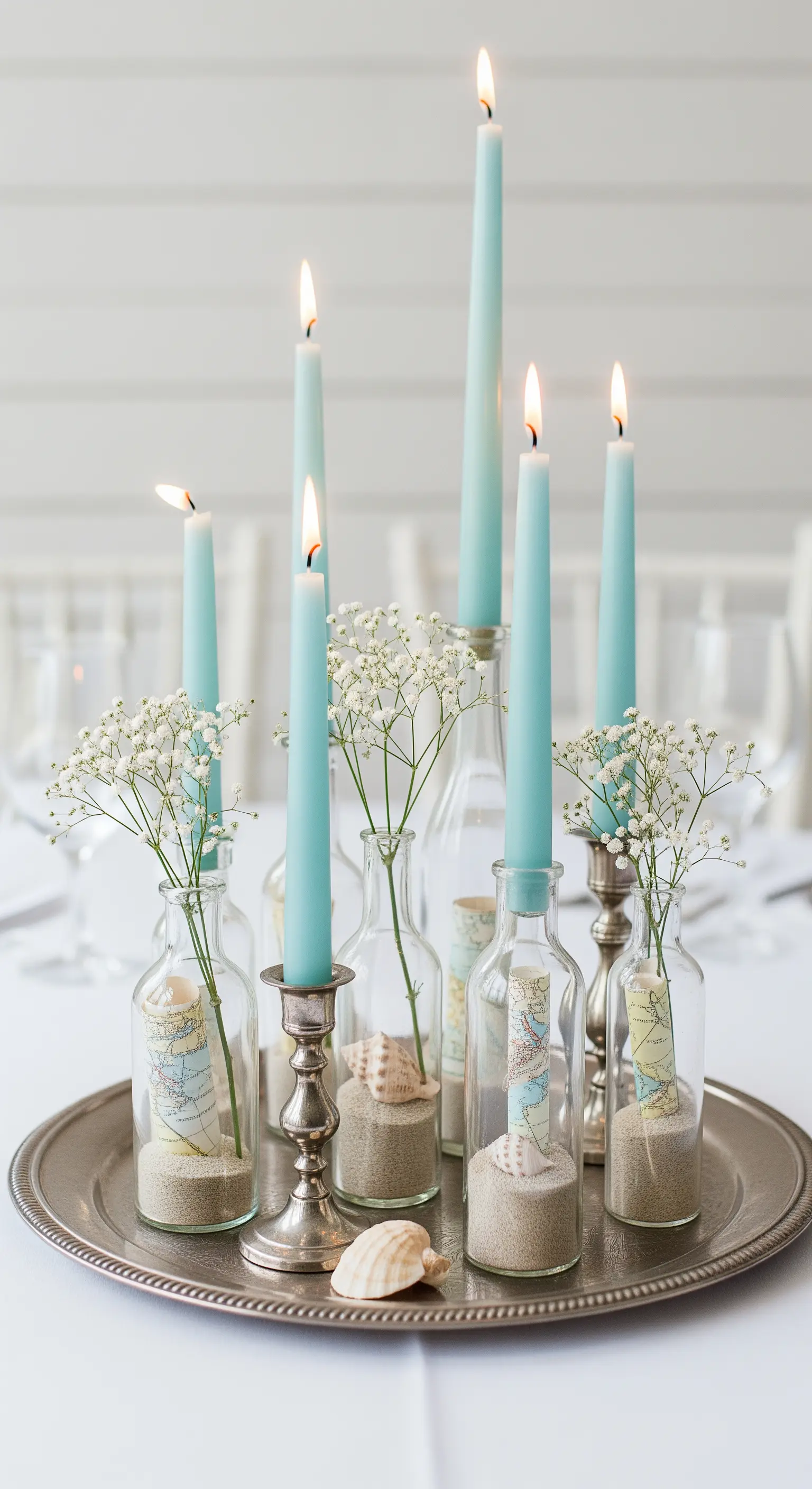 Centrotavola con bottiglie di vetro contenenti sabbia e mappe, usate come portacandele.