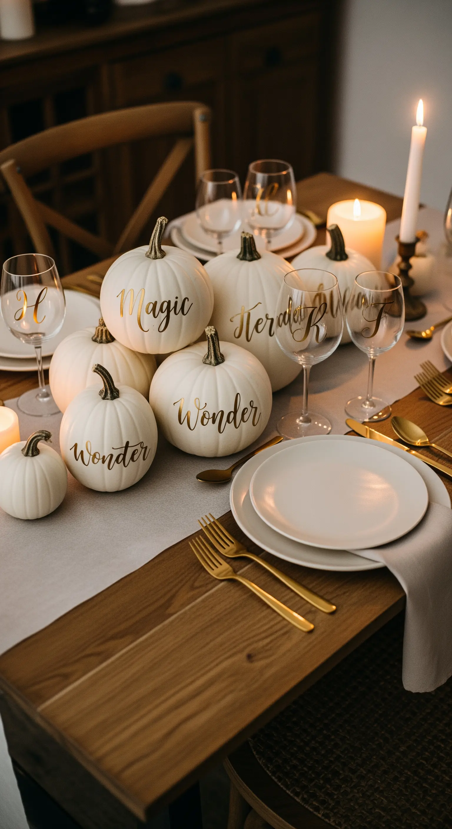 Zucche bianche decorate con parole scritte in calligrafia dorata su un tavolo di legno.