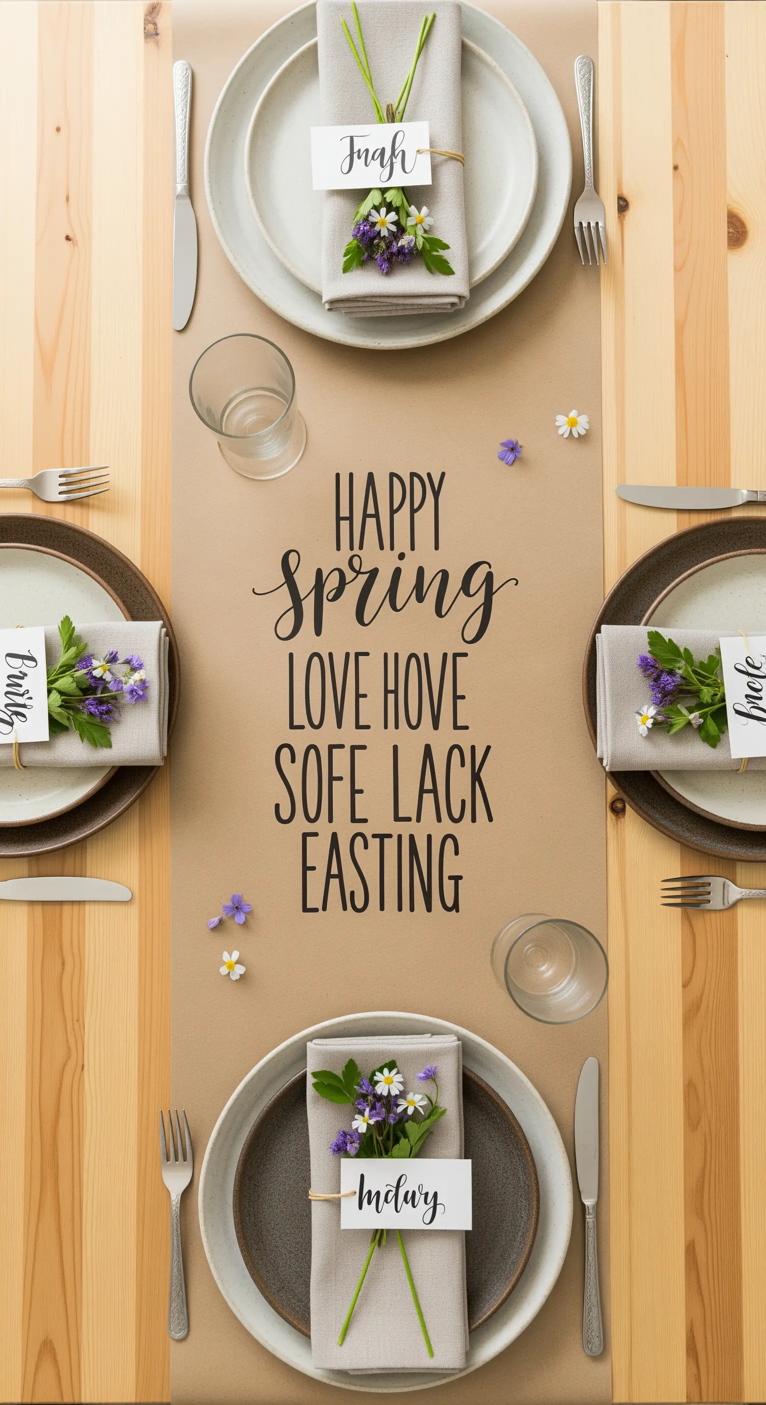 Tavola con runner di carta kraft e scritta calligrafica, con segnaposto personalizzati