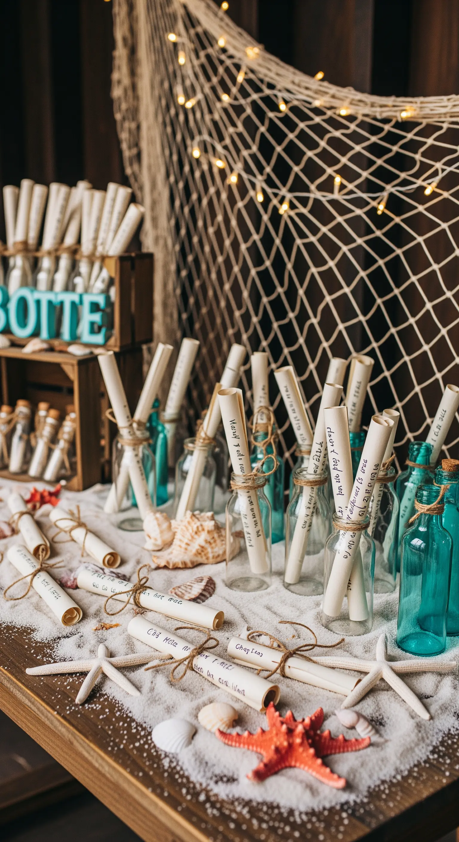 Tavolo con sabbia e conchiglie dove gli ospiti lasciano messaggi in bottiglia.